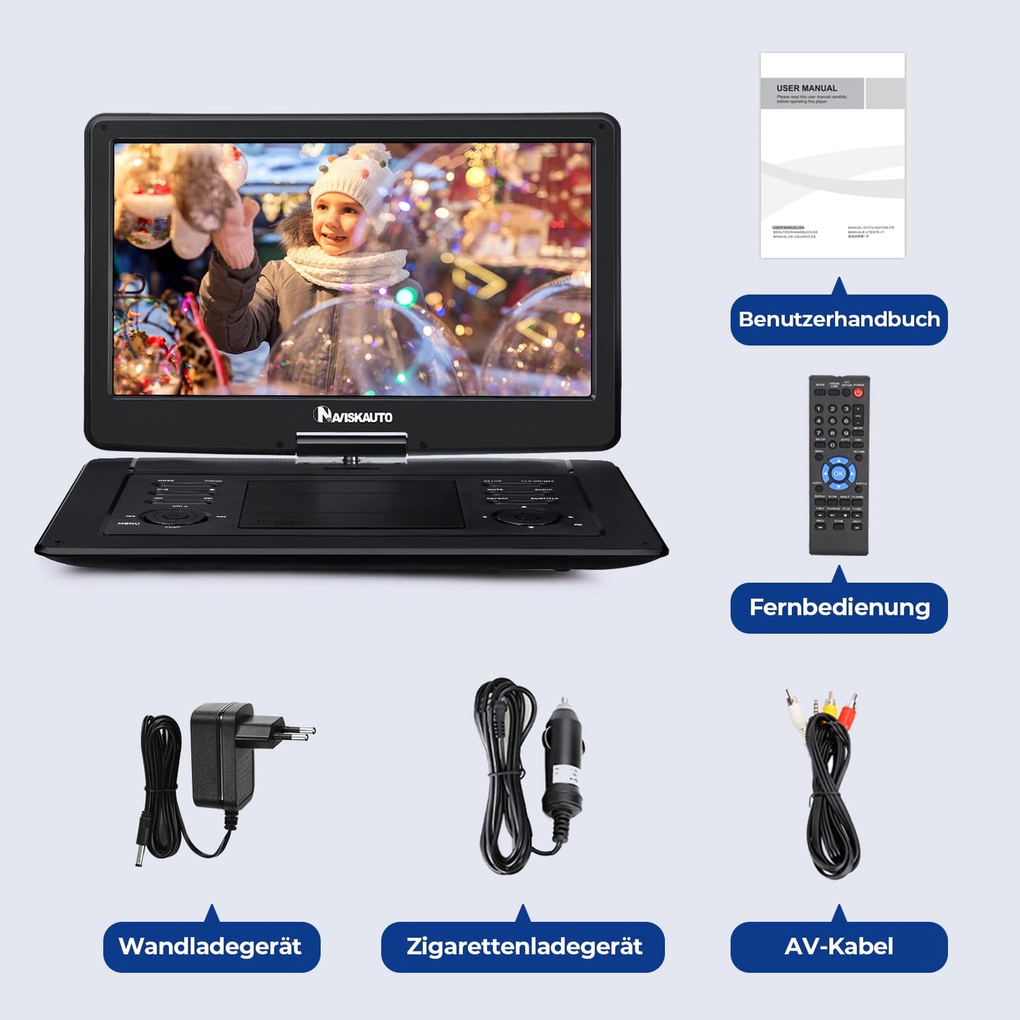NAVISKAUTO 17.5'' portable DVD player for cars with 15.6 inch HD screen, HDMI input, 6-hour battery, supports USB, SD card, syncs with TV/projector. Perfect for kids.