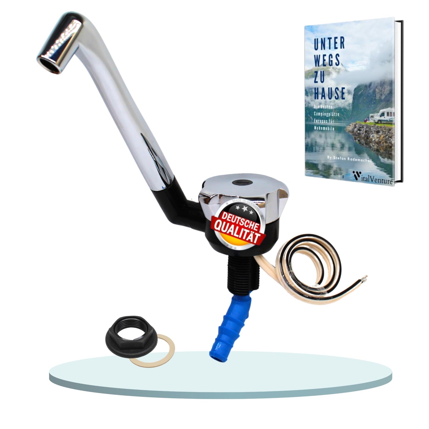 Comet faucet NOVO 12v for RV - With 10 mm connection (cold), Black/Chrome, Compact camping faucet suitable with pump, Ideal for RV sinks.