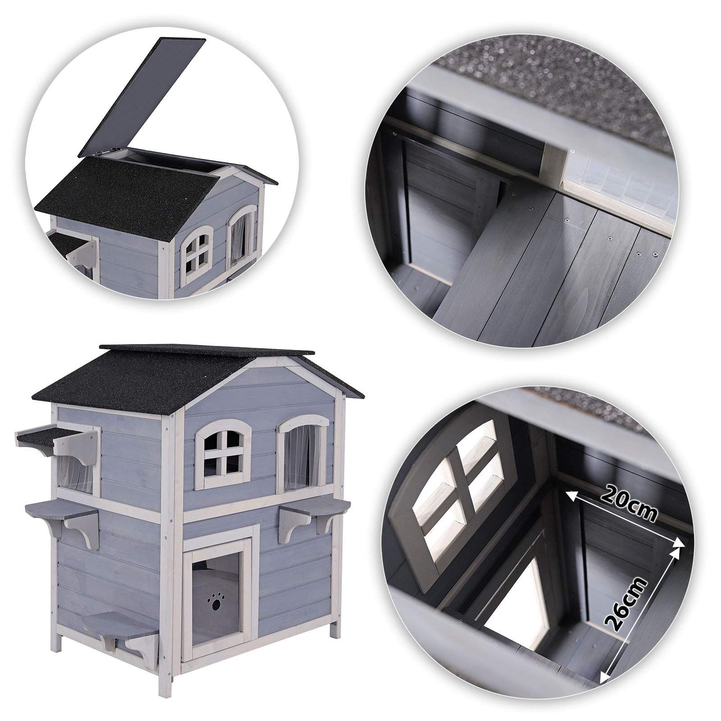 Lionto cat villa made of fir wood with bitumen roof for indoor and outdoor use, two-story cat house with steps, 80x55x90 cm, slatted curtain and windows, suitable for large cats, gray/white.