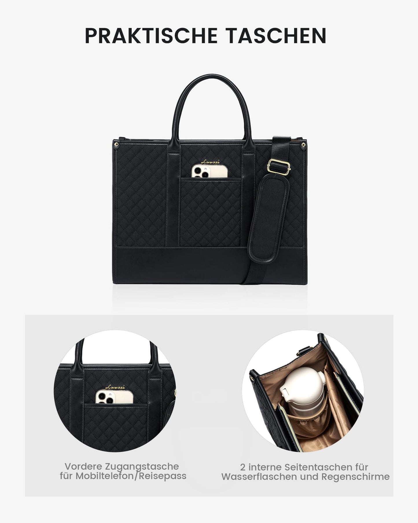 LOVEVOOK laptop bag for women 15.6 inch, waterproof work handbag large school bag shopper business briefcase teacher's bag, leather tote bag notebook bag for office university black