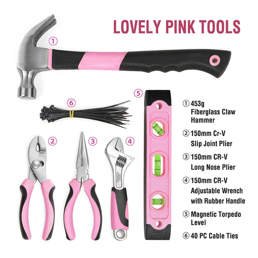 WORKPRO Pink Tool Set Pink 103 piece Household Tool Kit Repair with Bag, Ideal Gift for DIY Enthusiasts