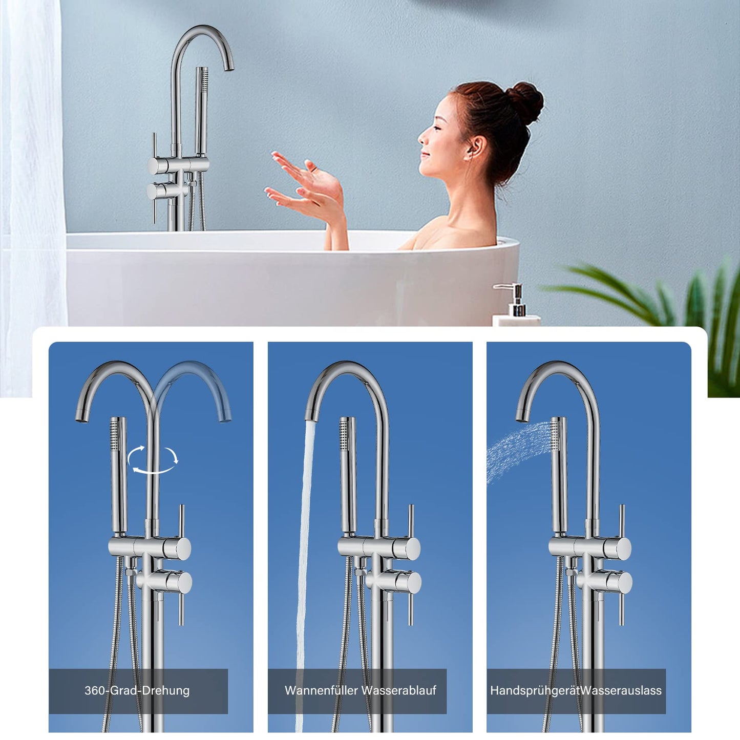 Rozin Free-standing Bathtub Faucet Chrome Floor Mounted Bathtub Faucet 360° Swivel Bathtub Faucet with Hand Shower Bathtub Faucet for Tub