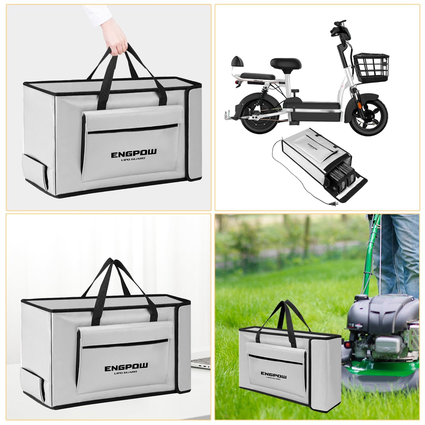 Battery bag Ebike battery bag Fireproof up to 2000°F Explosion-proof Lipo bag compatible with 2 E-Bike batteries Thick Shockproof Safe battery box Charging Transport Storage 45 x 12 x 25 cm