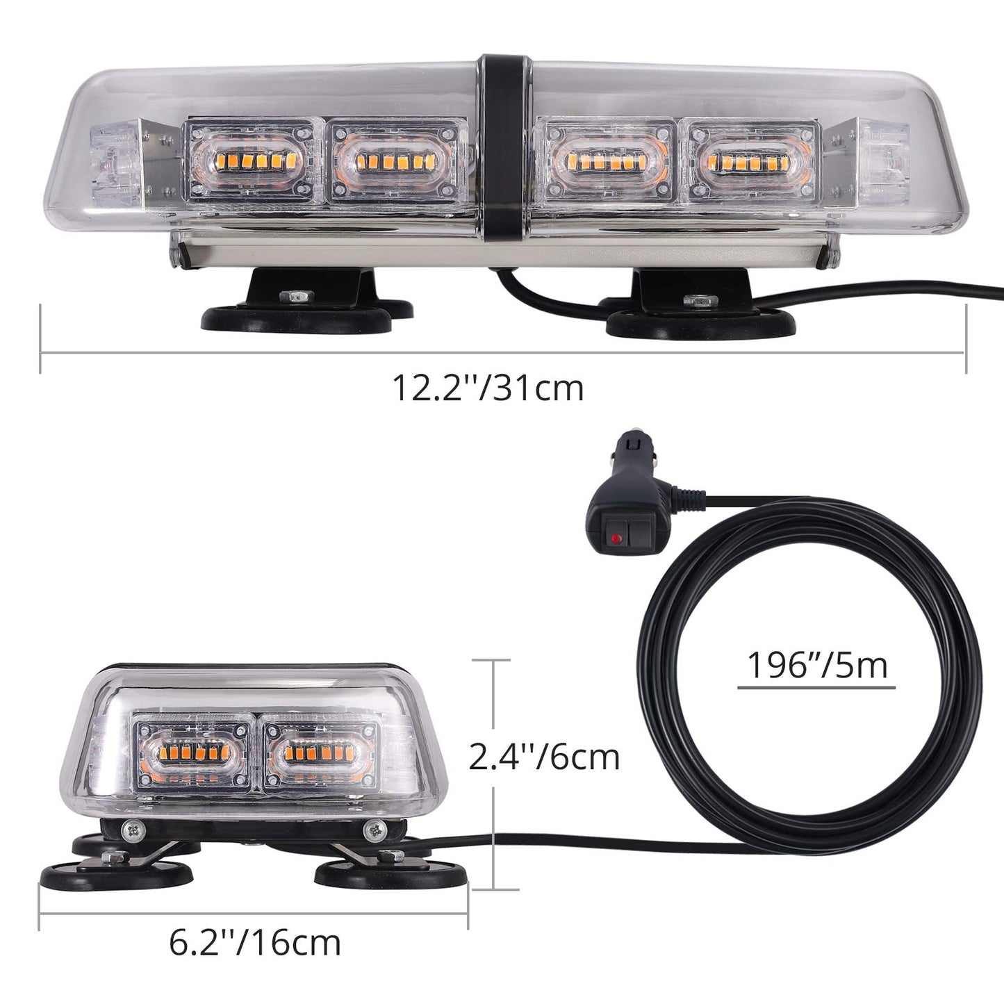 Justech 72 LED beacon 7 modes 12/24V flasher screw strong magnet amber warning light emergency strobe light recovery warning yellow roof light 36W 5m power cable control switch.