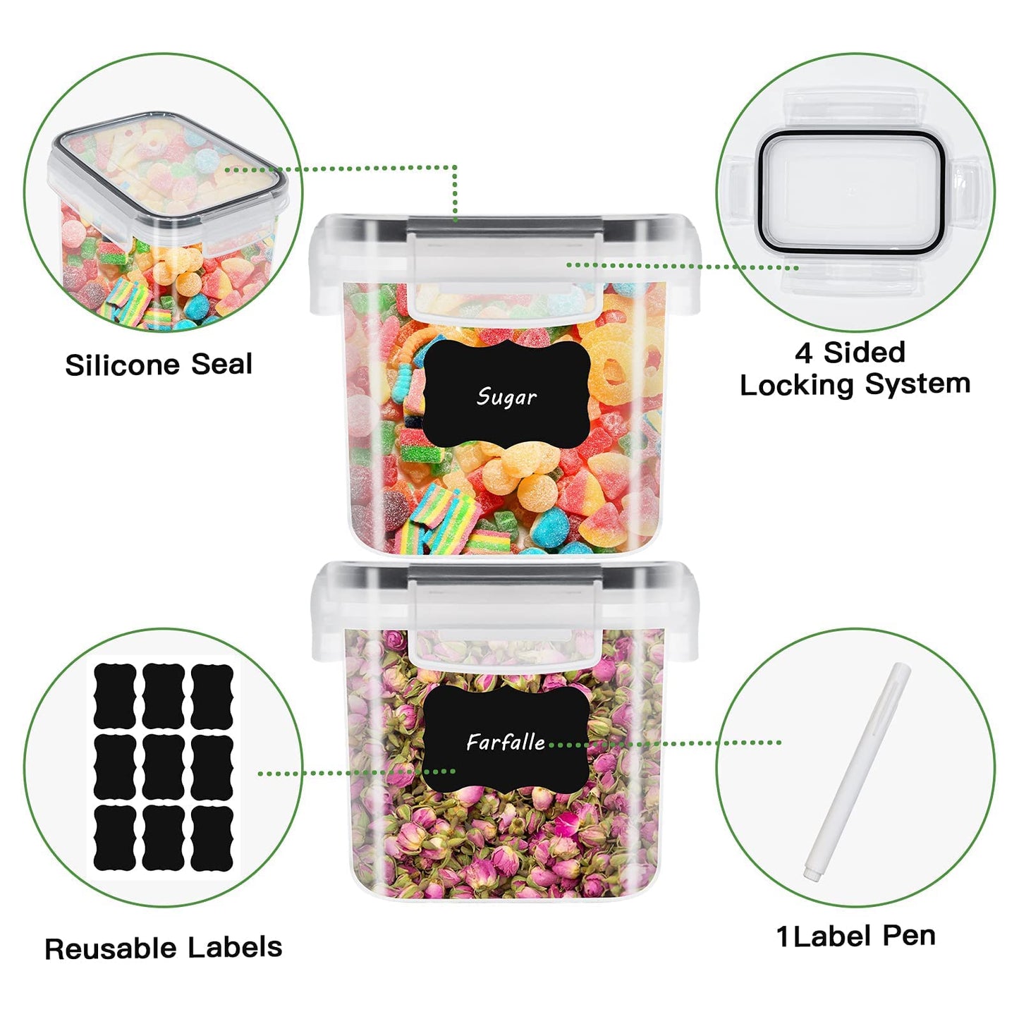 9 x 0.8 L storage box for kitchen, airtight, food safe plastic with lid for storing cereals, pasta, flour, pet food.