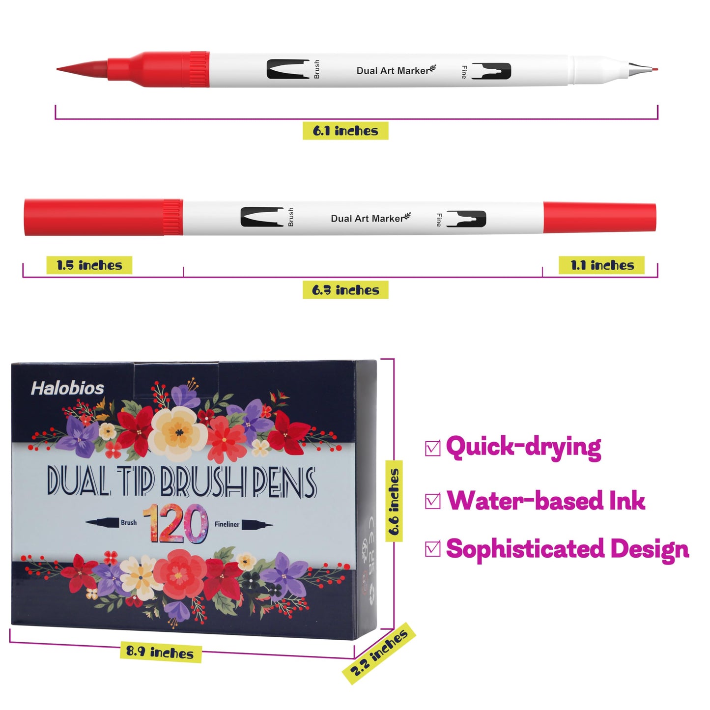 Halobios 120 Colors Dual Brush Pen Set, felt tip pens for kids and adults, coloring books, sketching, drawing, calligraphy, greeting cards - gift set