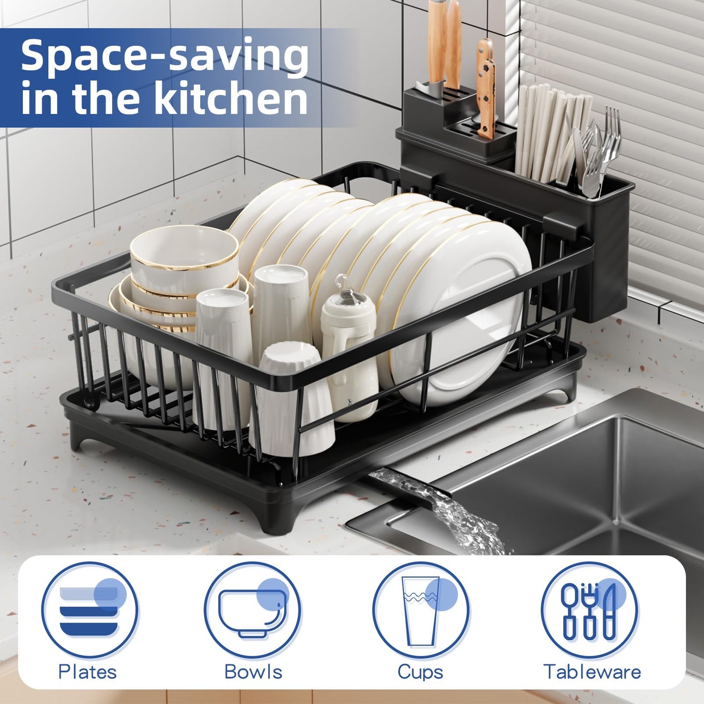 PurKeep Dish Drying Rack - space-saving dish rack for kitchen counter with utensil holder, kitchen dish stand with rotating spout, black.