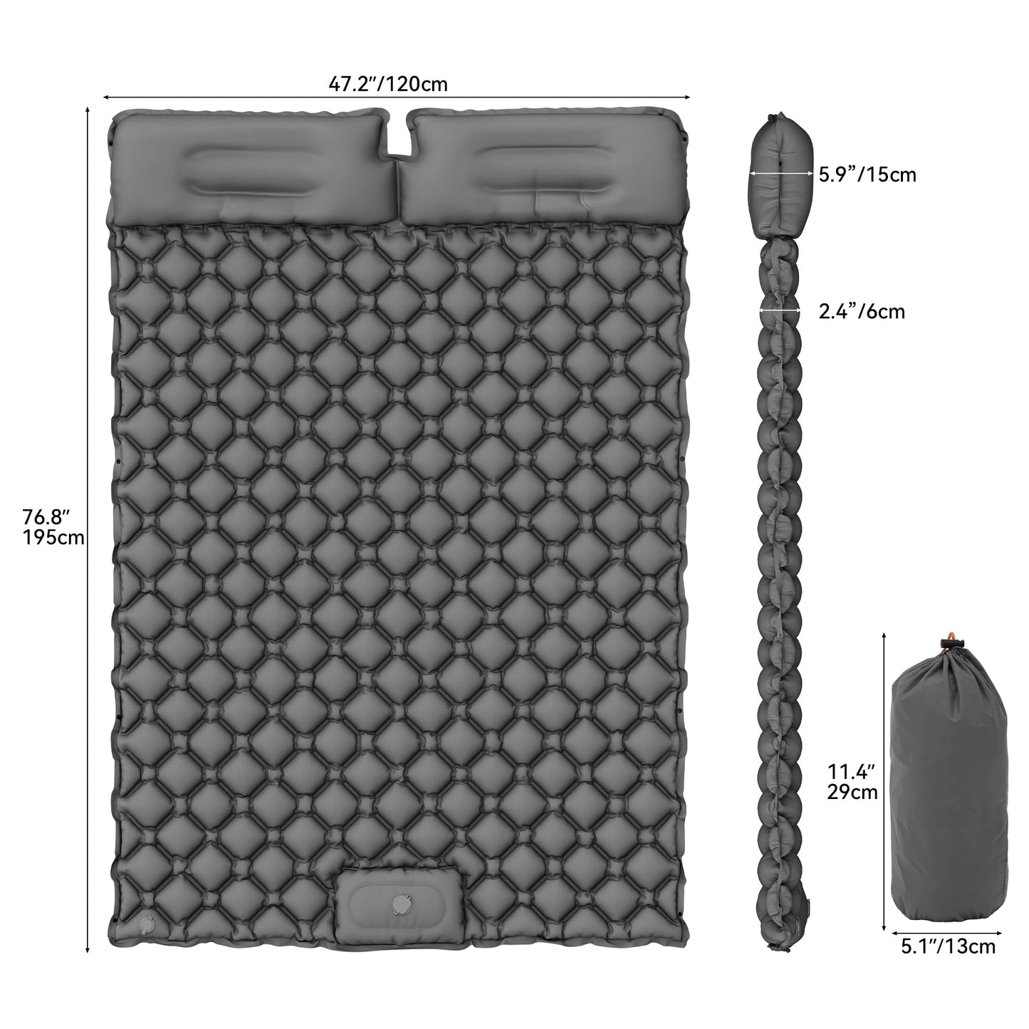 YITAHOME self-inflating sleeping pad for 2 people, 195x120, ultralight camping air mattress with built-in pump and pillow. Comes with carrying bag and foot pump for travel. (Dark Grey)