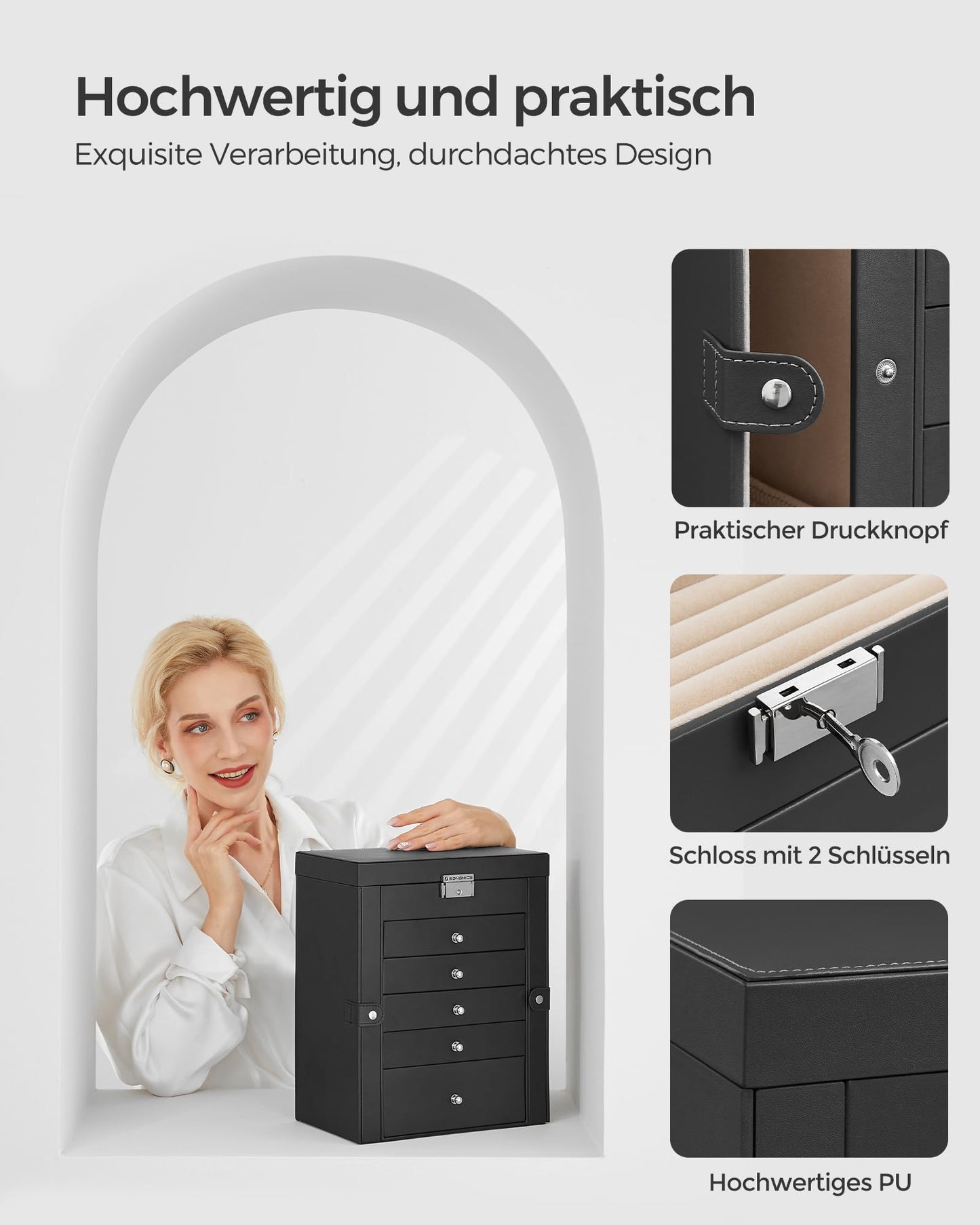 SONGMICS Jewelry Box 6-Tier, Jewelry Case with 5 Drawers, ample storage, interior mirror, lockable, jewelry storage, gift for your loved ones, for watches, black JBC152B01
