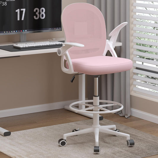 Naspaluro office chair with footrest ring, ergonomic desk chair with breathable mesh, foldable armrests, height adjustable, computer chair, lightweight, 360° swivel chair Pink.