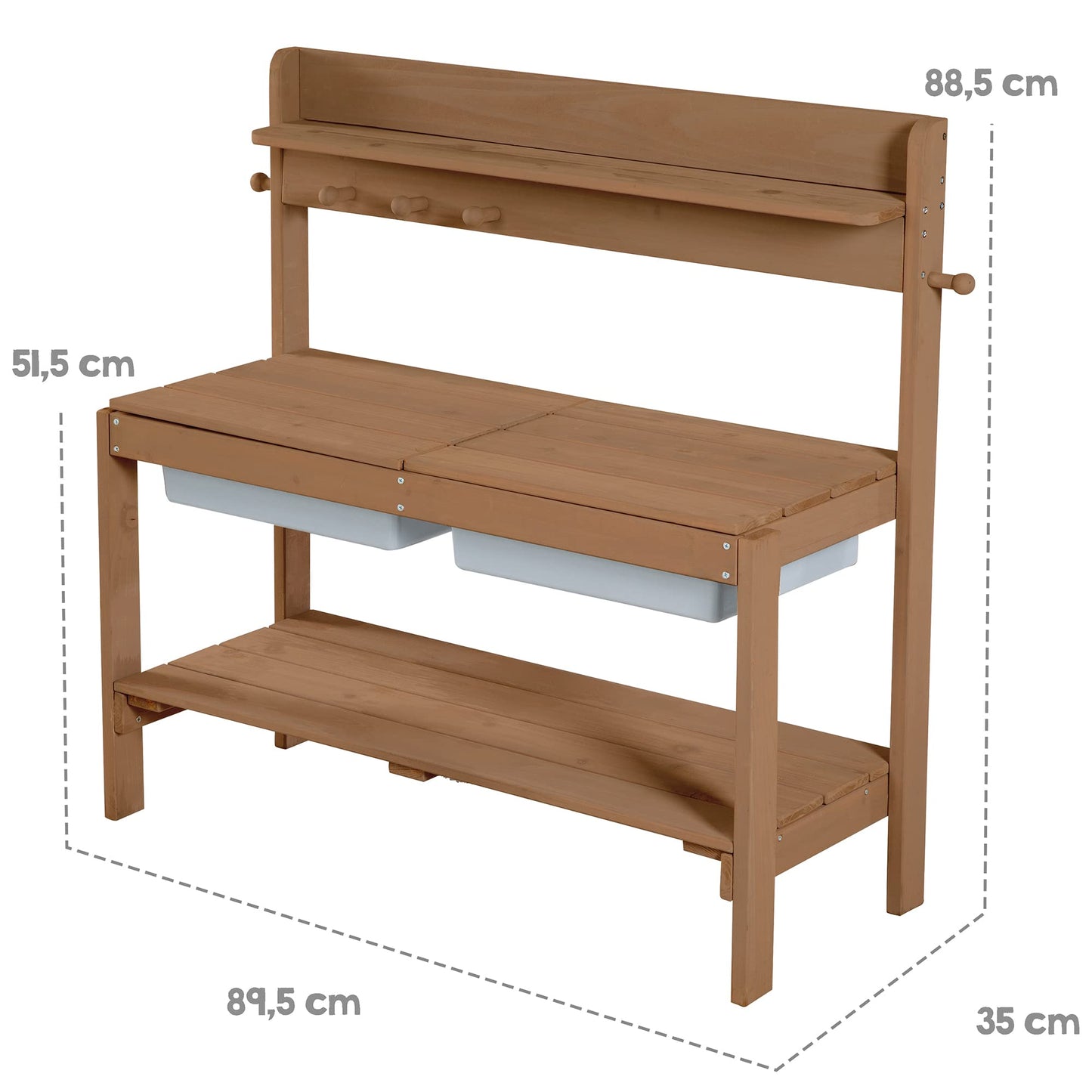 Roba Kids Outdoor Garden Kitchen Fun -Wooden Mud Kitchen with Removable Cover - 2 Plastic Tubs & Shelf - Weatherproof Work Table/Outdoor Play Kitchen - Teak, 1 Piece (1 Pack)