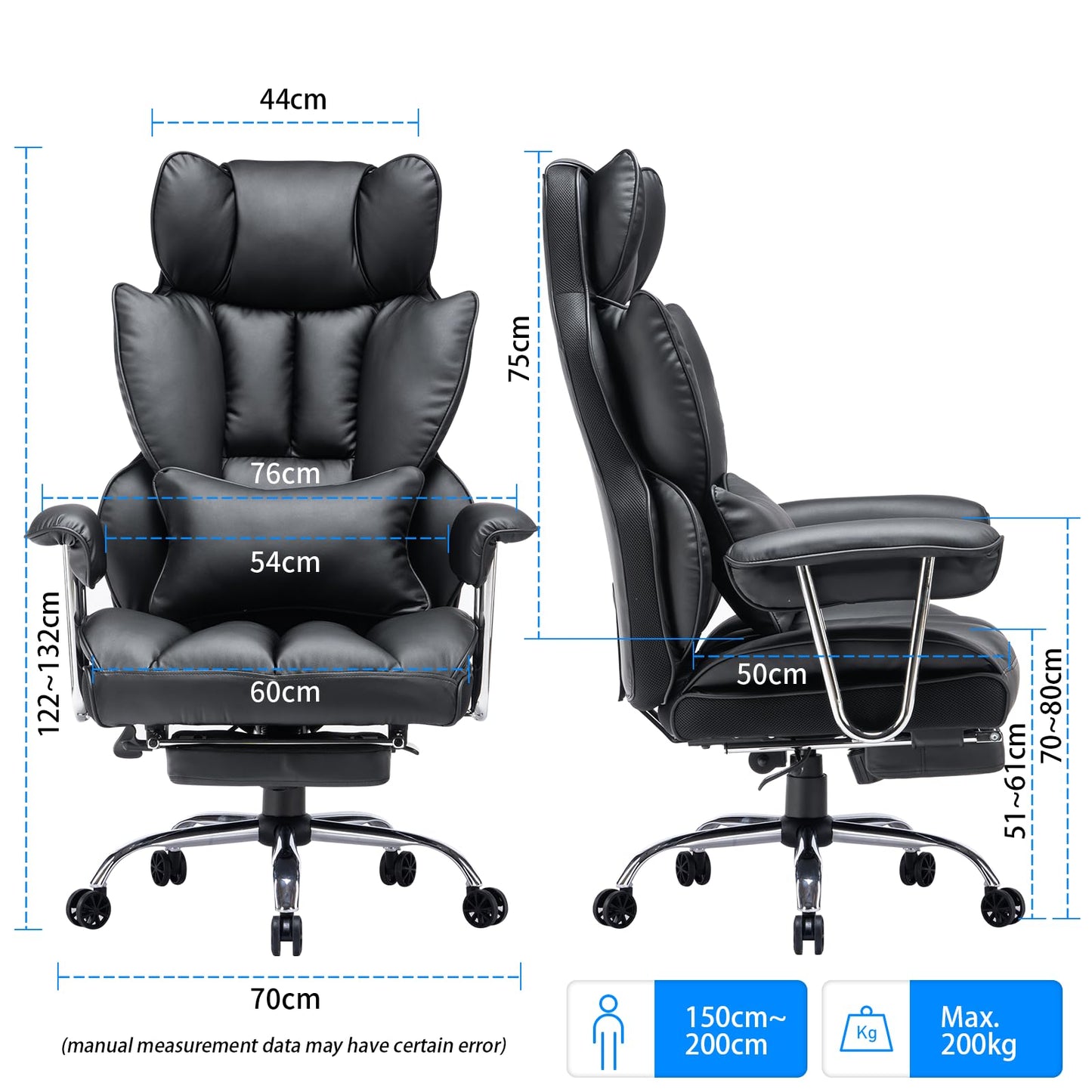 Efomao ergonomic office chair, PU leather executive chair, office chair 200 kg with footrest and lumbar support, Adjustable high back chair, Black