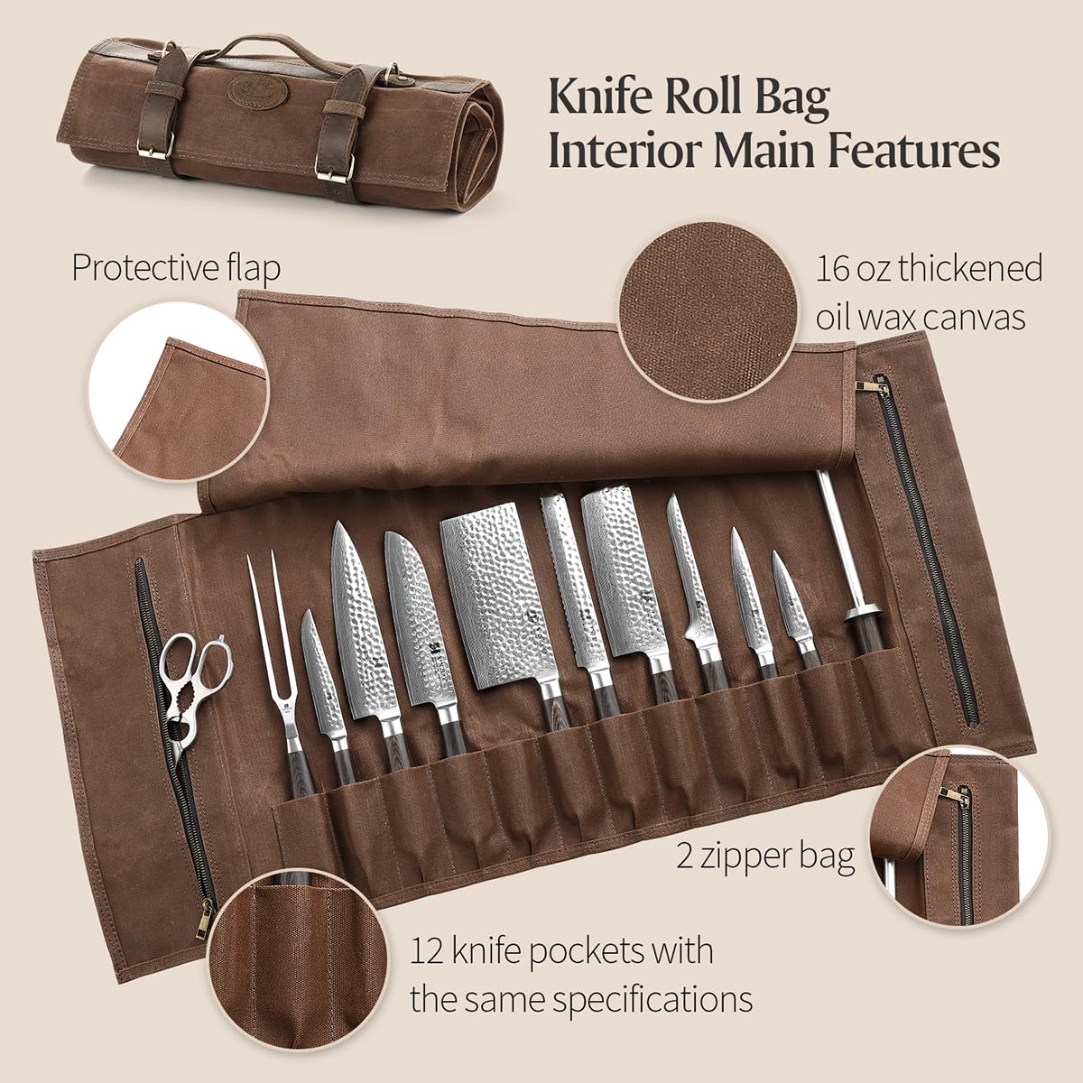 XINZUO knife bag, chef knife case, 12 slots, 16oz waxed canvas and Crazy Horse leather, can hold kitchen tools, portable knife tool bag roll bag (bag only)