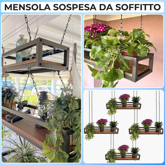 yelloo - Ceiling shelf with chains, ideal as flower shelf, indoor and outdoor plant stand, classic and elegant design for home, garden, balcony (FLOWERS 95 cm, Brown/Walnut)