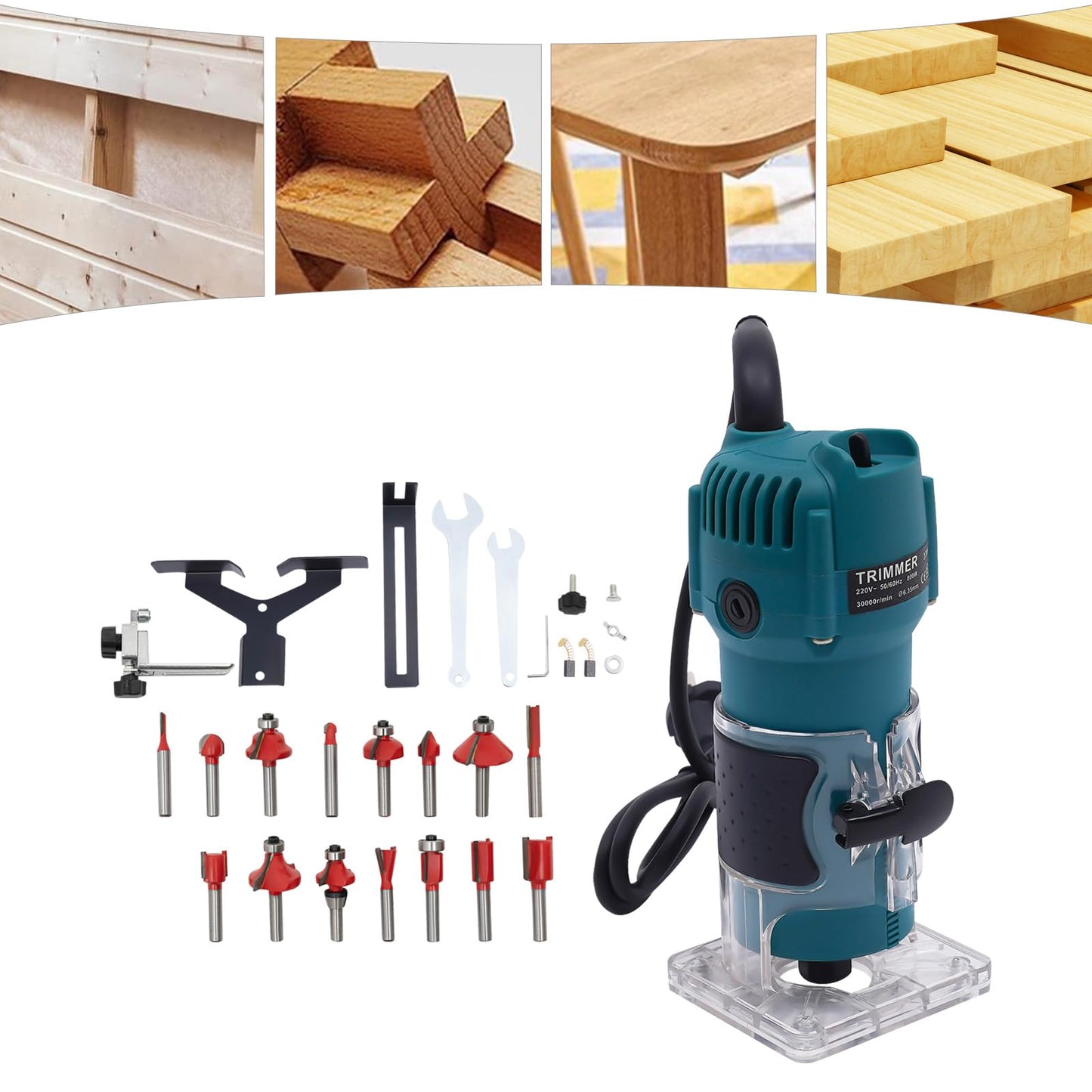 800W trim router, 6.35mm edge trimming router with 15 different router collets for grooving, trimming, carving, milling, chamfering, and cutting curves.