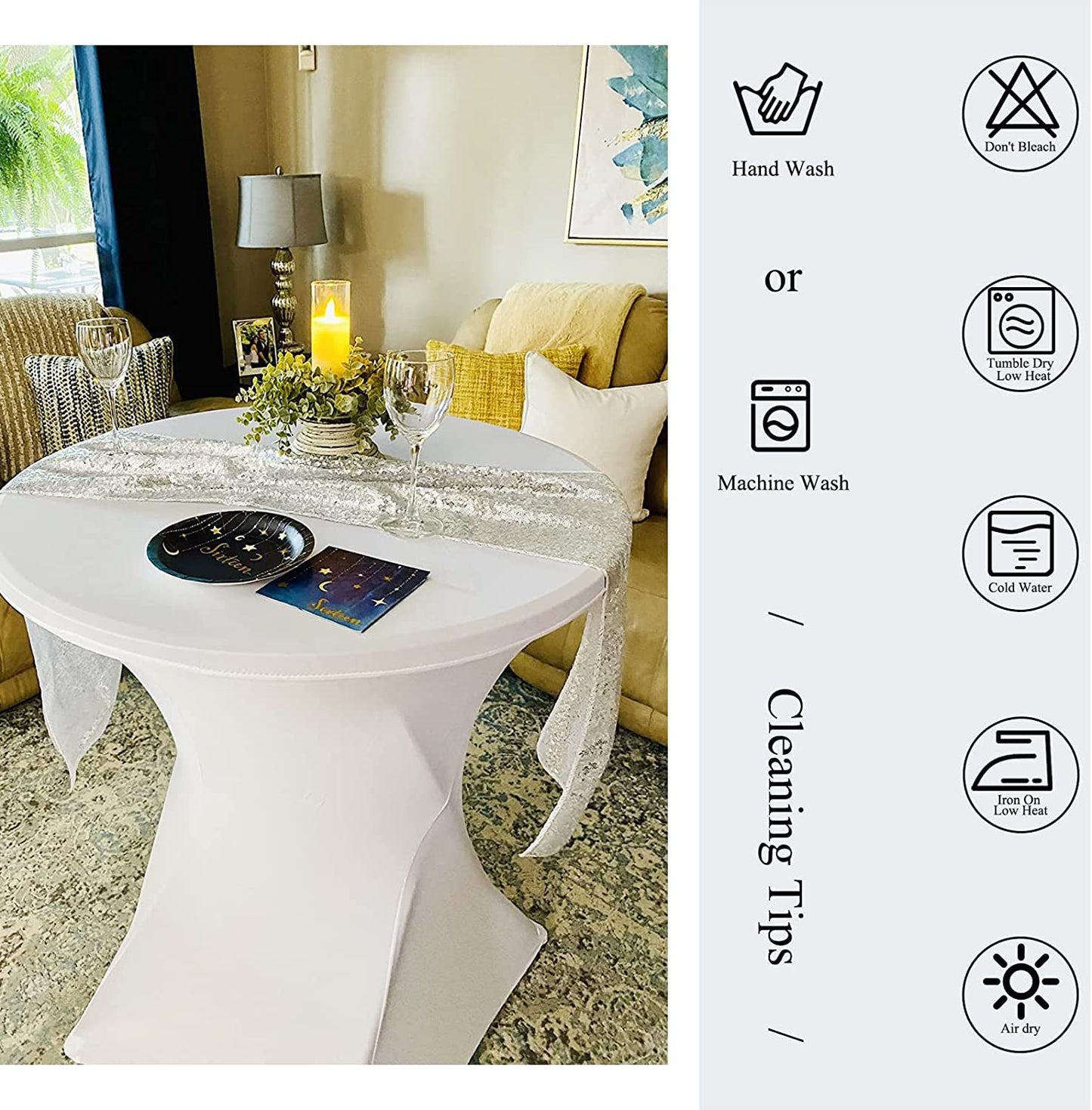 6 pieces white High Top Table Covers, for Ø 60-65 cm high top tables and bistro tables. Stretch tablecloth with foot pockets for weddings, birthday parties, banquets.