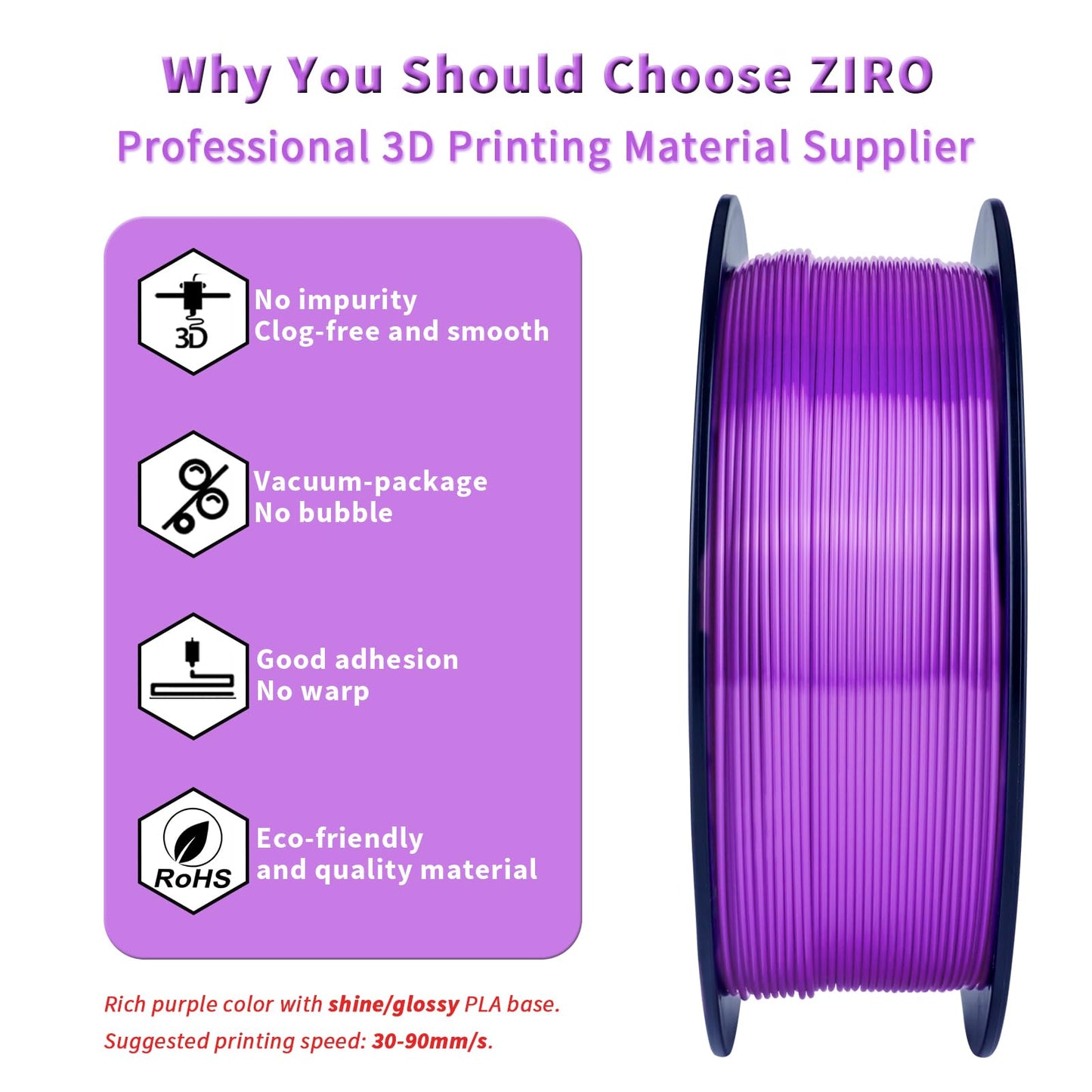 ZIRO Silk PLA 1.75mm Filament, 3D printer filament from the Silk PLA series 1.75mm 1kg, diameter tolerance at +/-0.03mm, Purple