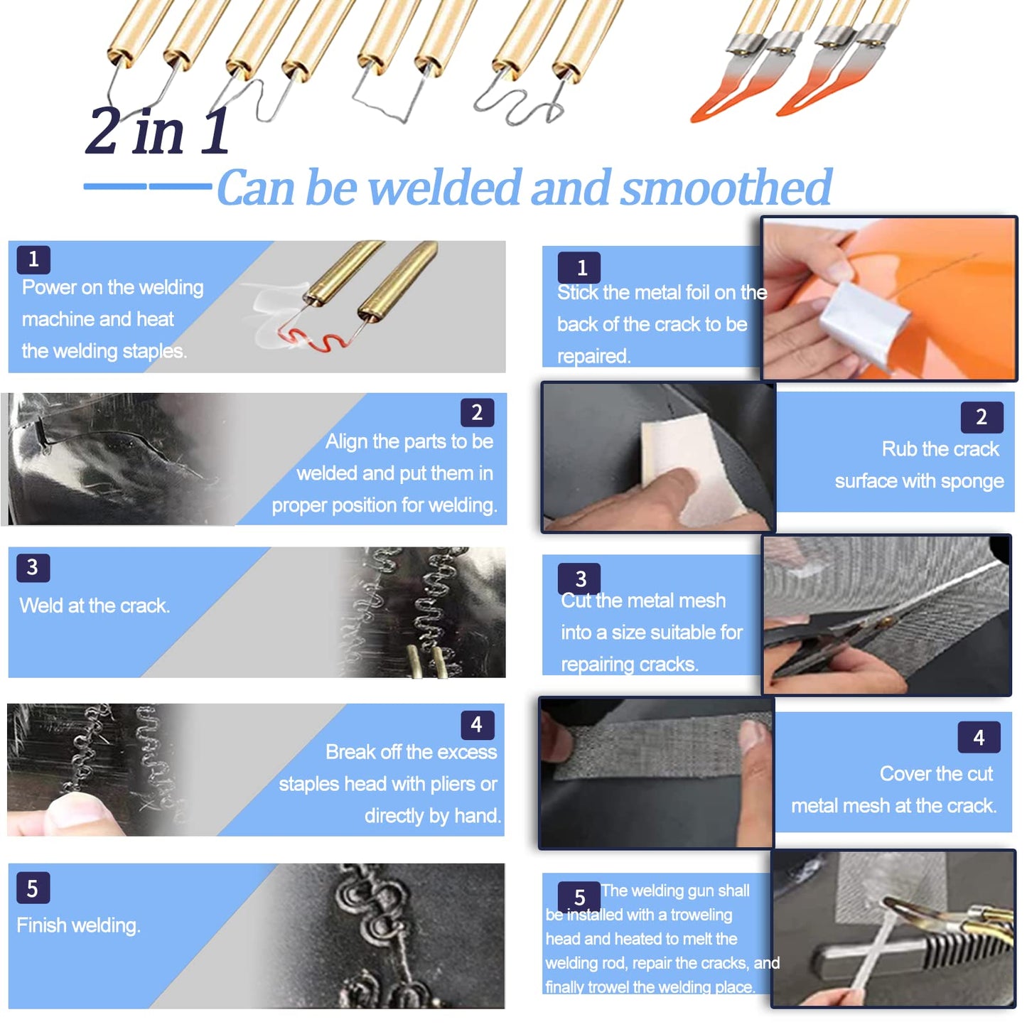 220W Plastic Welding Machine, 2-in-1 plastic welding machine with 800PCS welding nails (8 models), car bumper repair set with 64pcs welding rods, used for plastic welding.