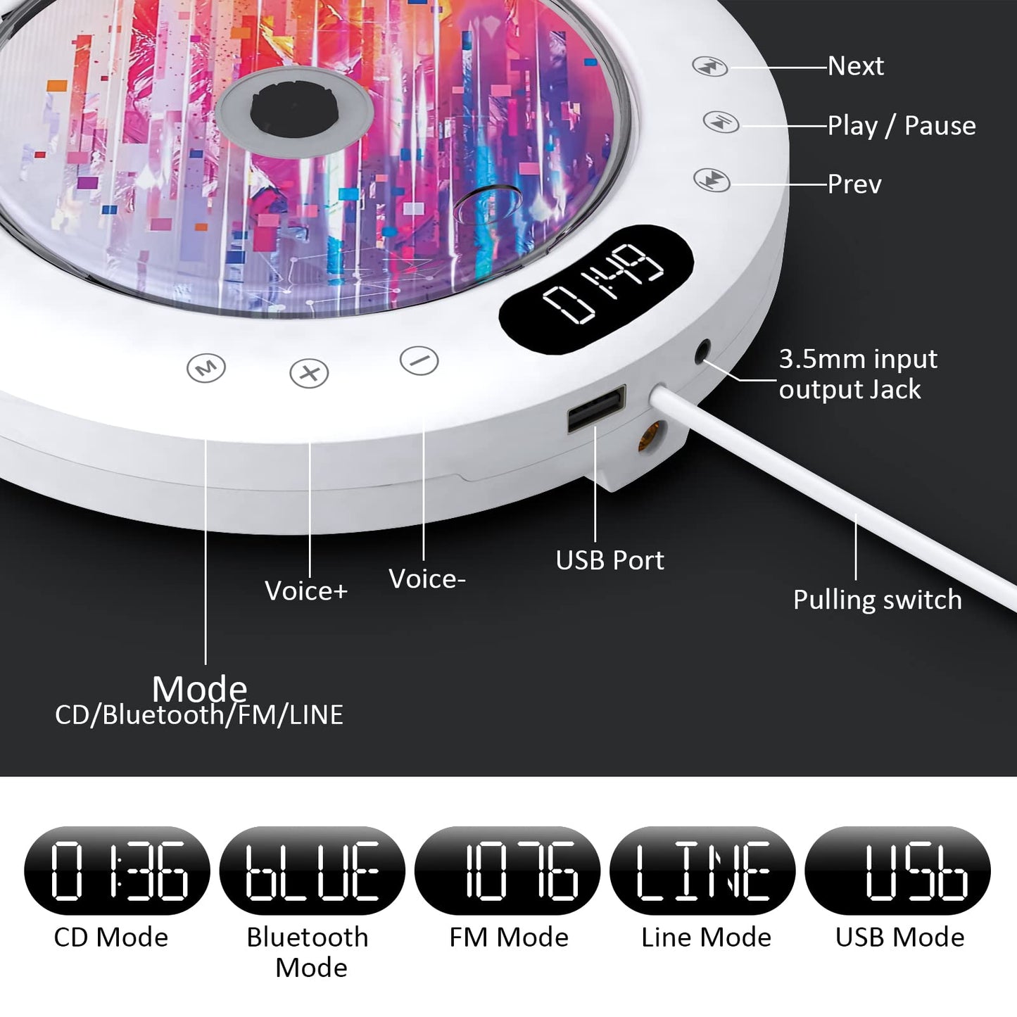 Gueray CD Player Bluetooth with touch button speaker CD player for wall mounting supports remote control display FM radio USB and TF card playback 3.5mm AUX dust cover pull switch design