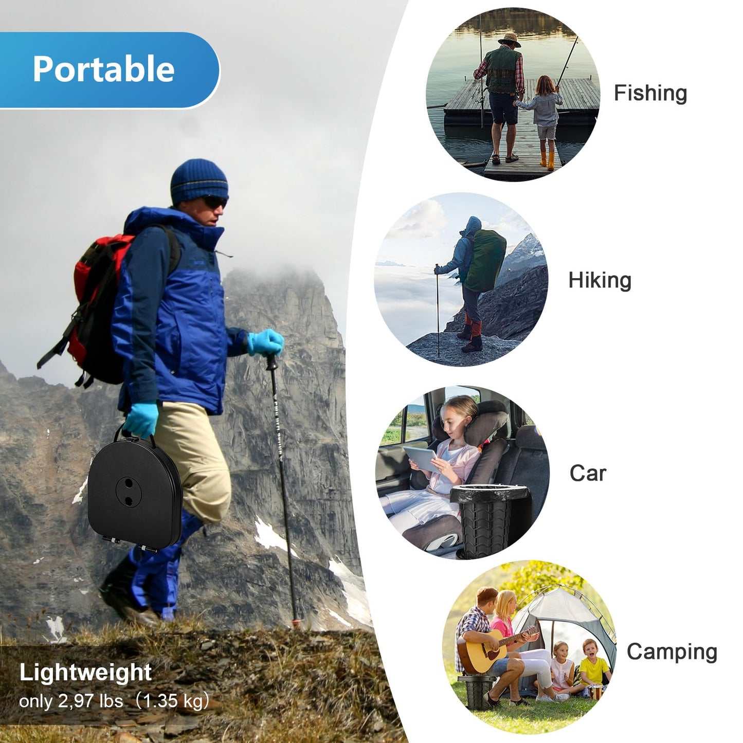 Upgraded camping toilet foldable with spring, includes lid and 10 trash bags. Ideal for camping, hiking, fishing, and parties. Supports up to 180kg.