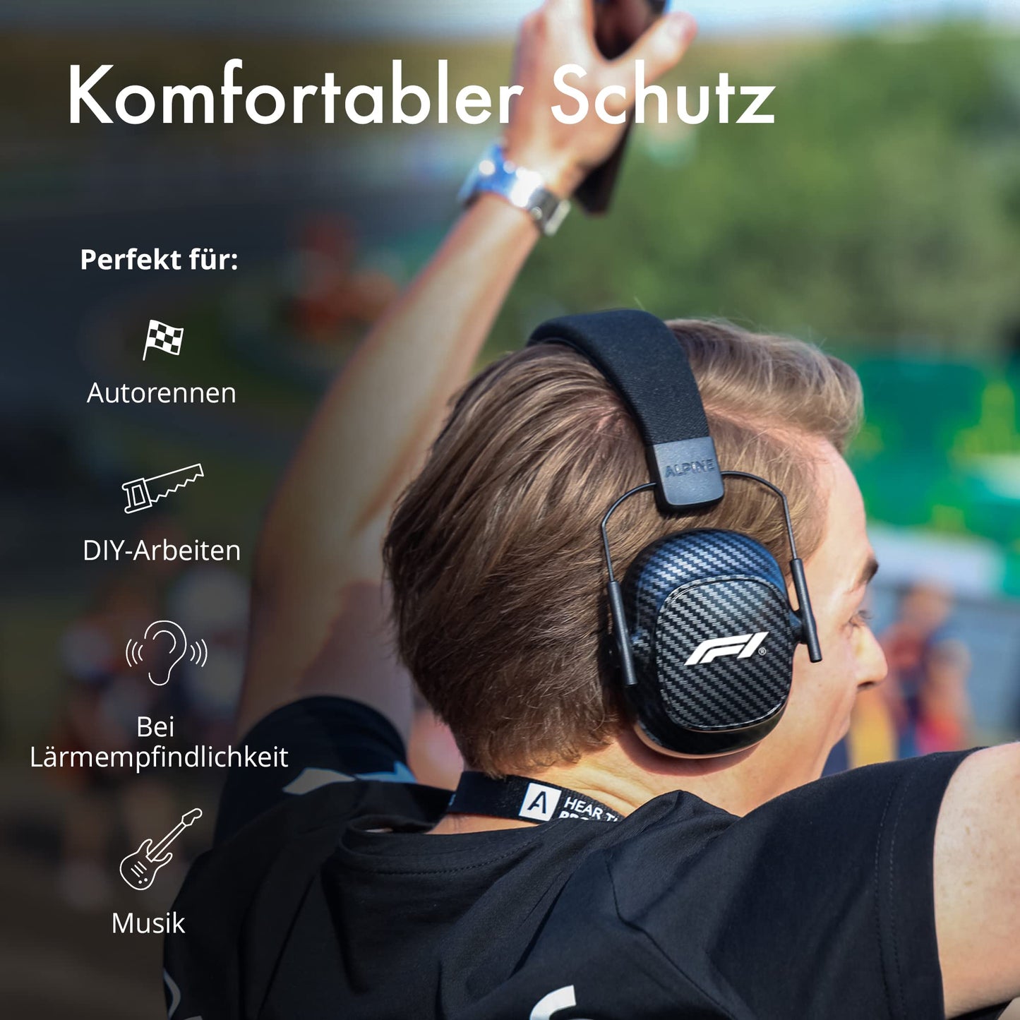 Alpine Racing Pro Earmuff F1® earmuffs for adults - reusable hearing protection for motorsport events and loud environments - noise reduction of 26 dB - high-quality carbon material