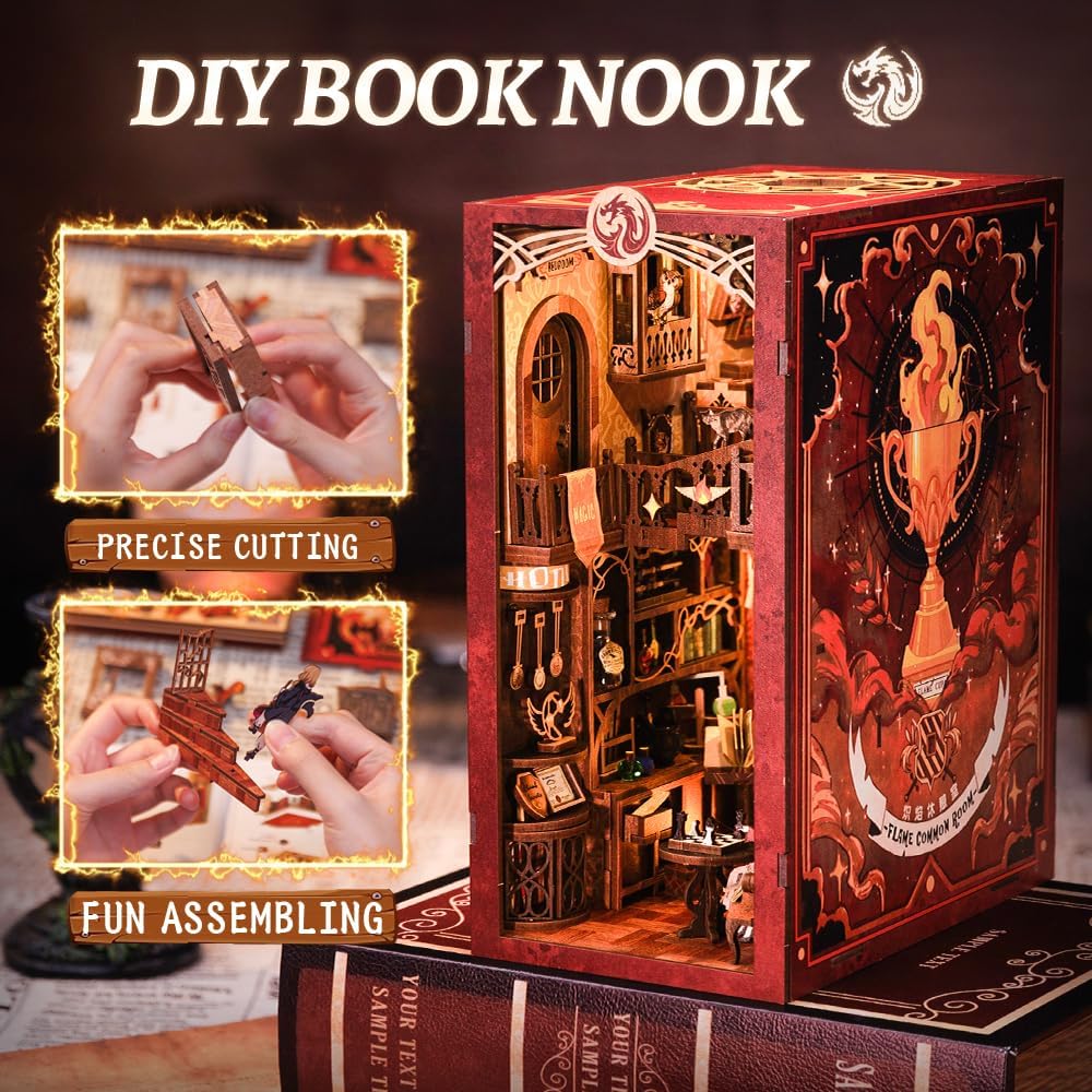 CUTEBEE Book Nook Kit with dust cover - DIY dollhouse miniature house kit with LED light, Booknook house model kits for adults to build (Flame Common Room)