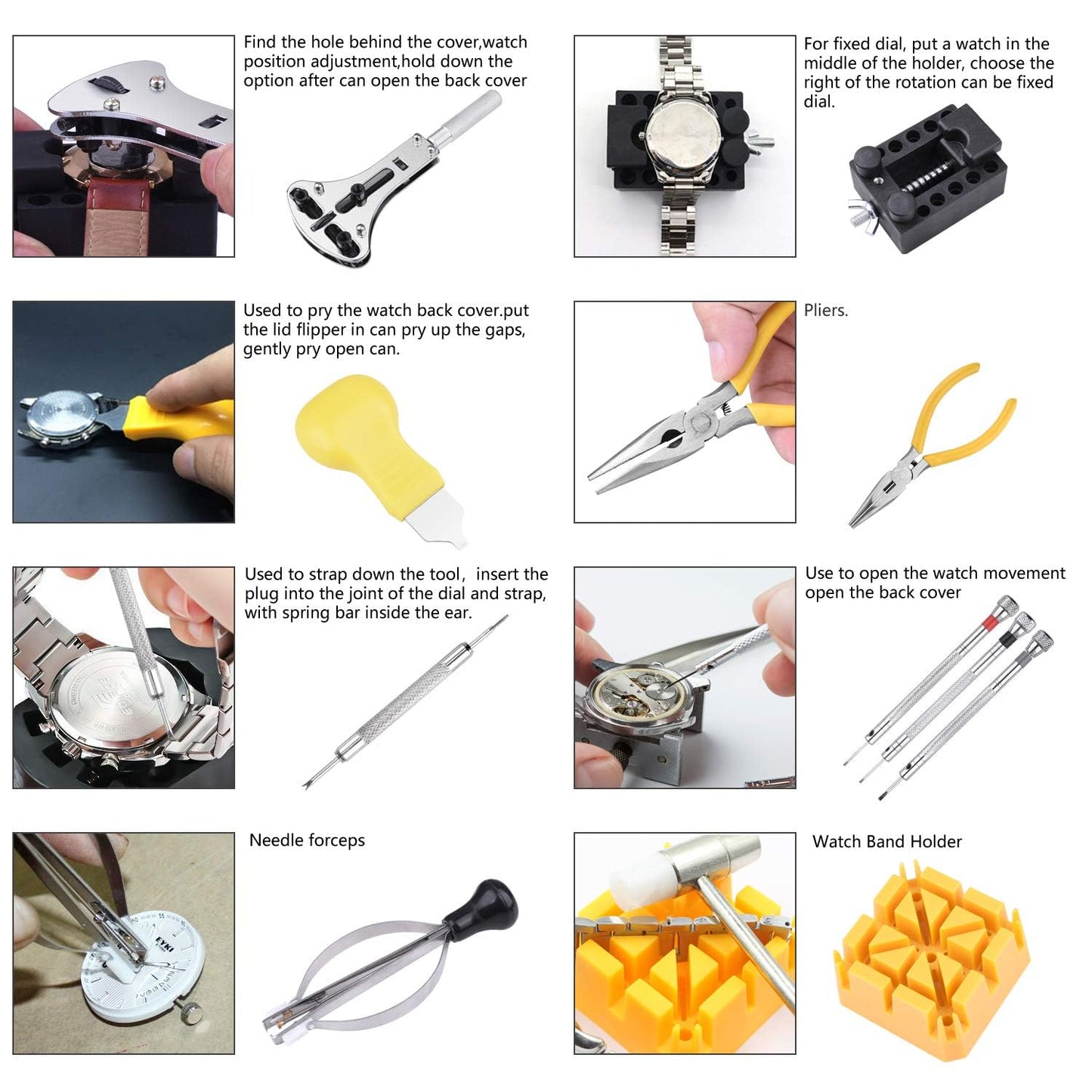 ETEPON watch repair kit, professional watch tool set with link remover, adjust back table ET017, white.
