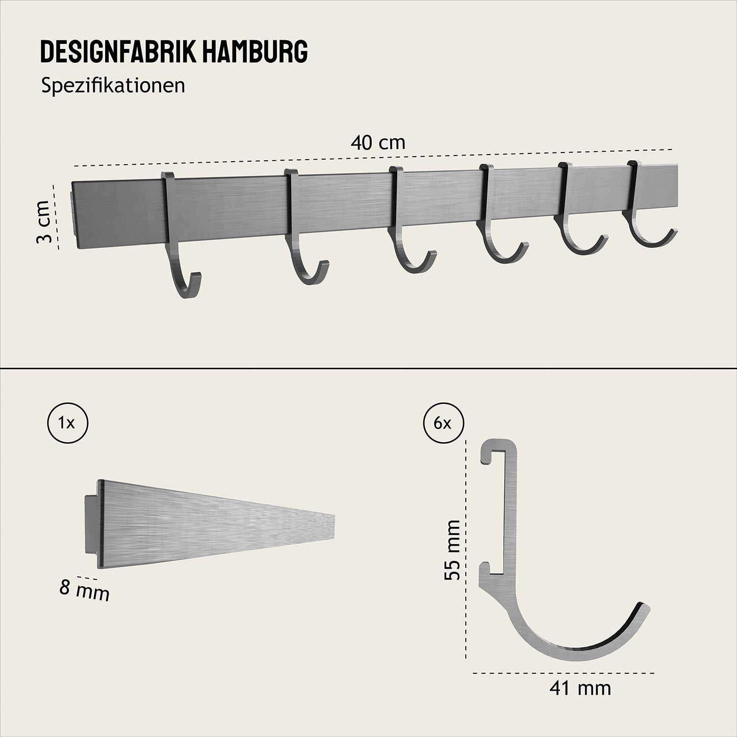 Hamburg Design Factory 40cm Hook Rail self-adhesive Kitchen Rail for Kitchen Utensils | Kitchen holder without drilling | 6 movable hooks | Modern design Silver Gray