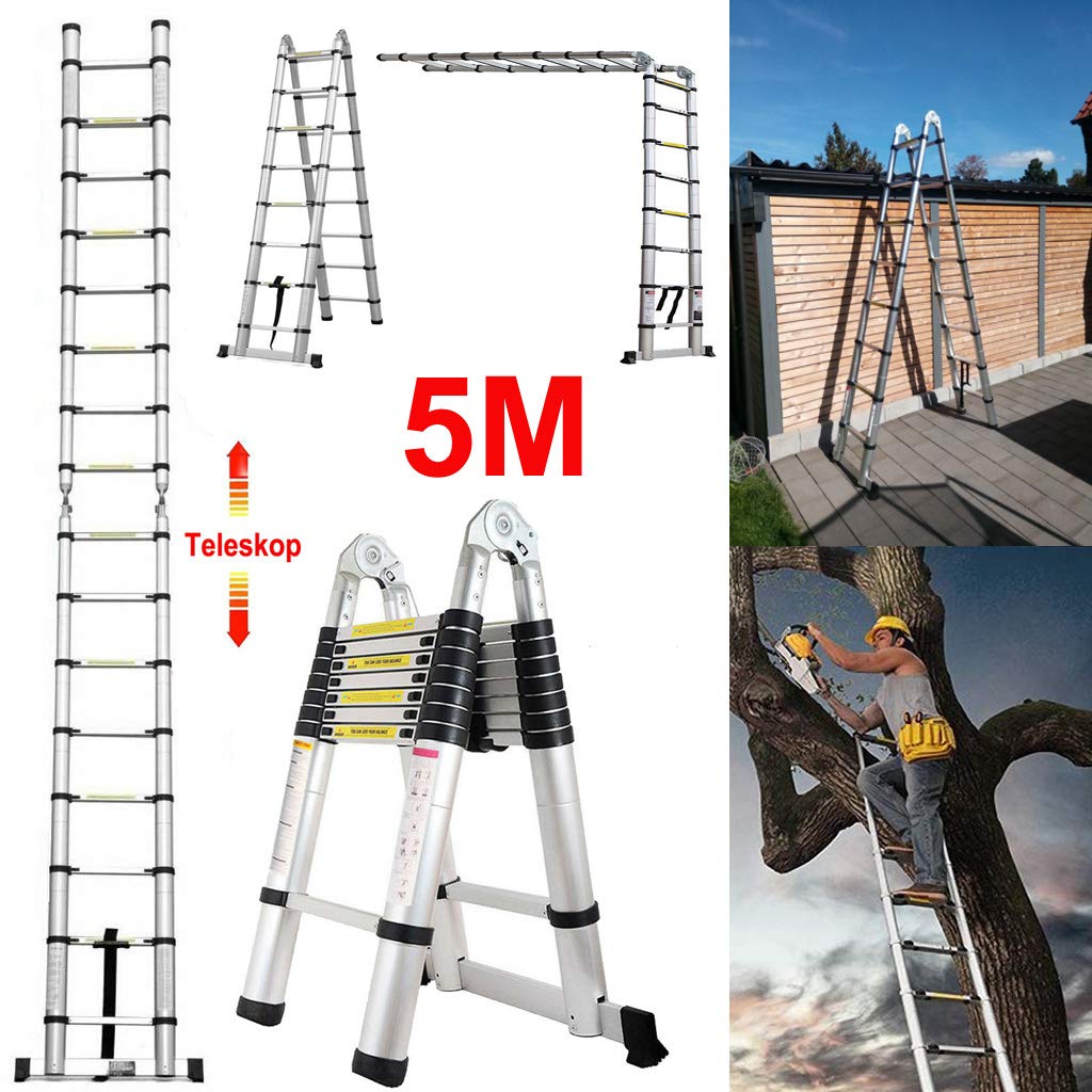 5M telescopic ladder Aluminum ladder Extendable folding ladder 2.5M + 2.5M Telescopic ladder with stabilizer, High multi-purpose ladder, 150 kg capacity