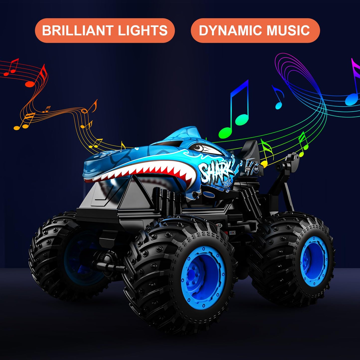 ACAMMZAR Remote Control Car, 2.4GHz 20+ km/h RC Monster Truck with 2 Batteries 60 Mins+, RC Stunt Toy Car Spray Mist Music, for 6 7 8 9 10 Year Old Kids Adults, Blue