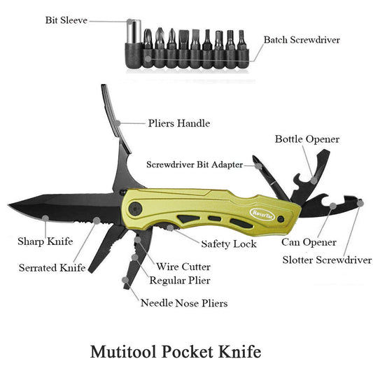 RoverTac Pocket Knife Multitool - Gift for Men and Dad, Christmas Gifts, Folding Knife with Pliers, Bottle Opener, Can Opener, and 9-in-1 Screwdriver, Tactical Survival Knife
