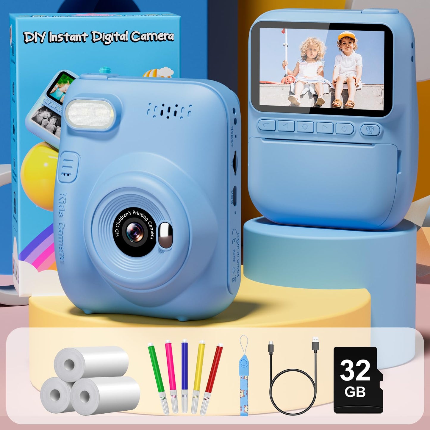 Gofunly Instant Camera for Kids, 3.0 inch Screen Kids Camera with 32GB Card & Printing Paper, 14MP/1080P Kids Instant Print Camera, Gift for 3-12 Years (Blue)