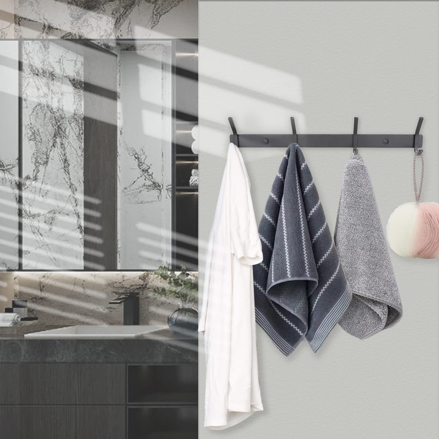 Qiannhee 43CM Black Hook Rack Up to 40KG Heavy Duty Stainless Steel Wall-Mounted Coat Rack 4 Hooks Coat Hooks Children for Bathroom Kitchen Jackets Entryway, 2 Pieces