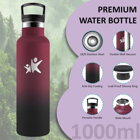 Water Bottle- 1L- Stainless Steel Water Bottle, Thermos Bottle with Straw, BPA-Free Insulated Double Wall Bottle, Leakproof Thermos, Portable for Hiking, Yoga, Gym.