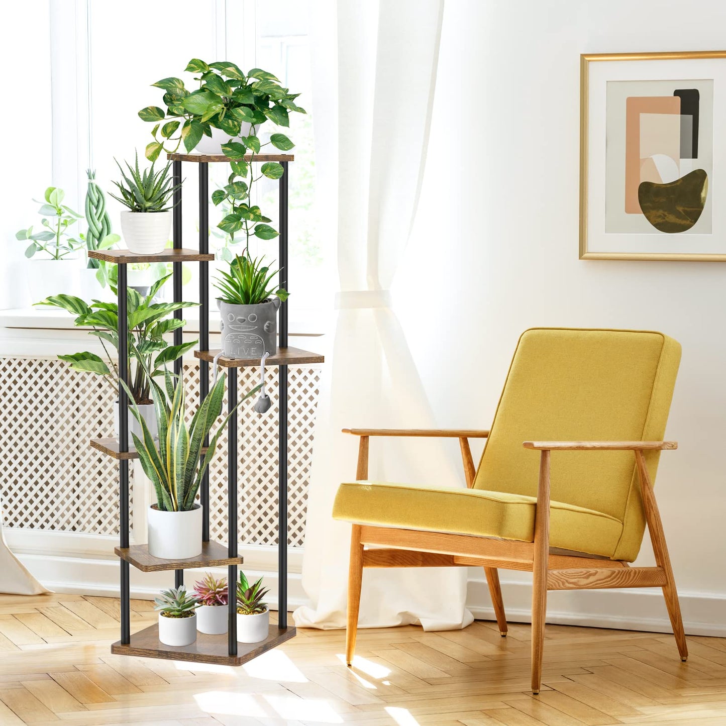 LyTaispuly 6 tier Plant Stand Flower Stand Outdoor, 115cm Metal Wood Flower Pot Stand Flower Ladder Flower Rack, Plant Stand for Outdoor Balcony Garden Living Room, Black