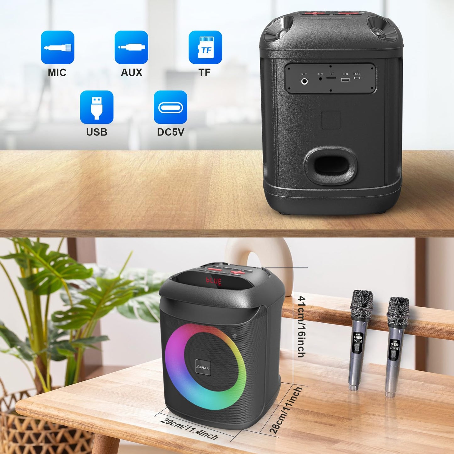 AIMAX Karaoke Machine with 2 Wireless Microphones, Portable Bluetooth Speaker for Adults and Kids, Party Music Box Mobile PA System with RGB Light Supports TF/USB, TWS, AUX in, Black.