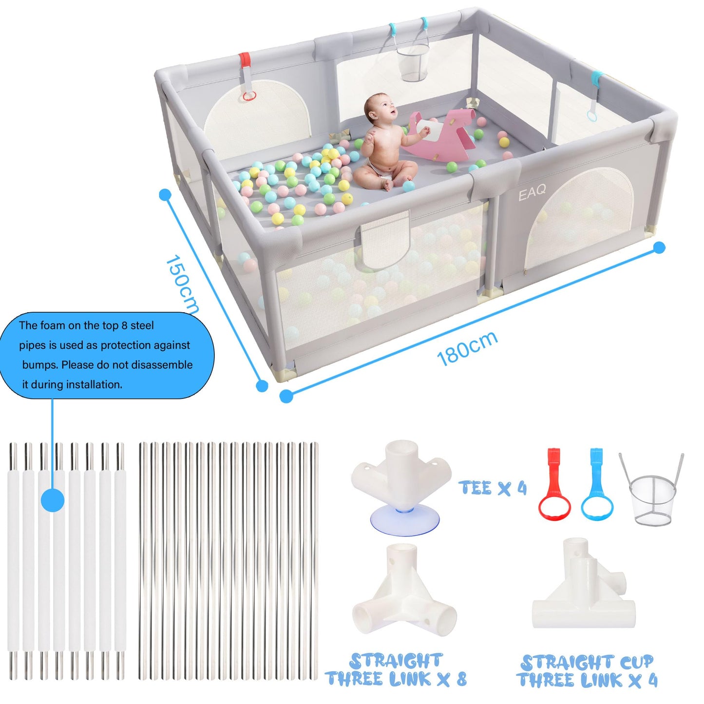 EAQ Baby Playpen 150x180cm Play Yard Safety Playground with super soft, breathable mesh, Children's Fence for Infants Toddlers