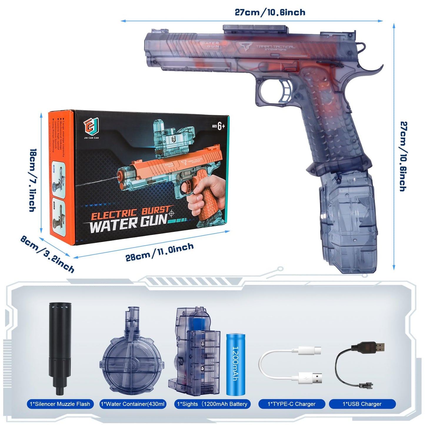 Jovico's Electric Water Gun, Automatic Water Gun with Long Range and Light, Electric Water Squirt Gun for Kids and Adults, Large Water Guns, Outdoor Summer Toy (Blue)