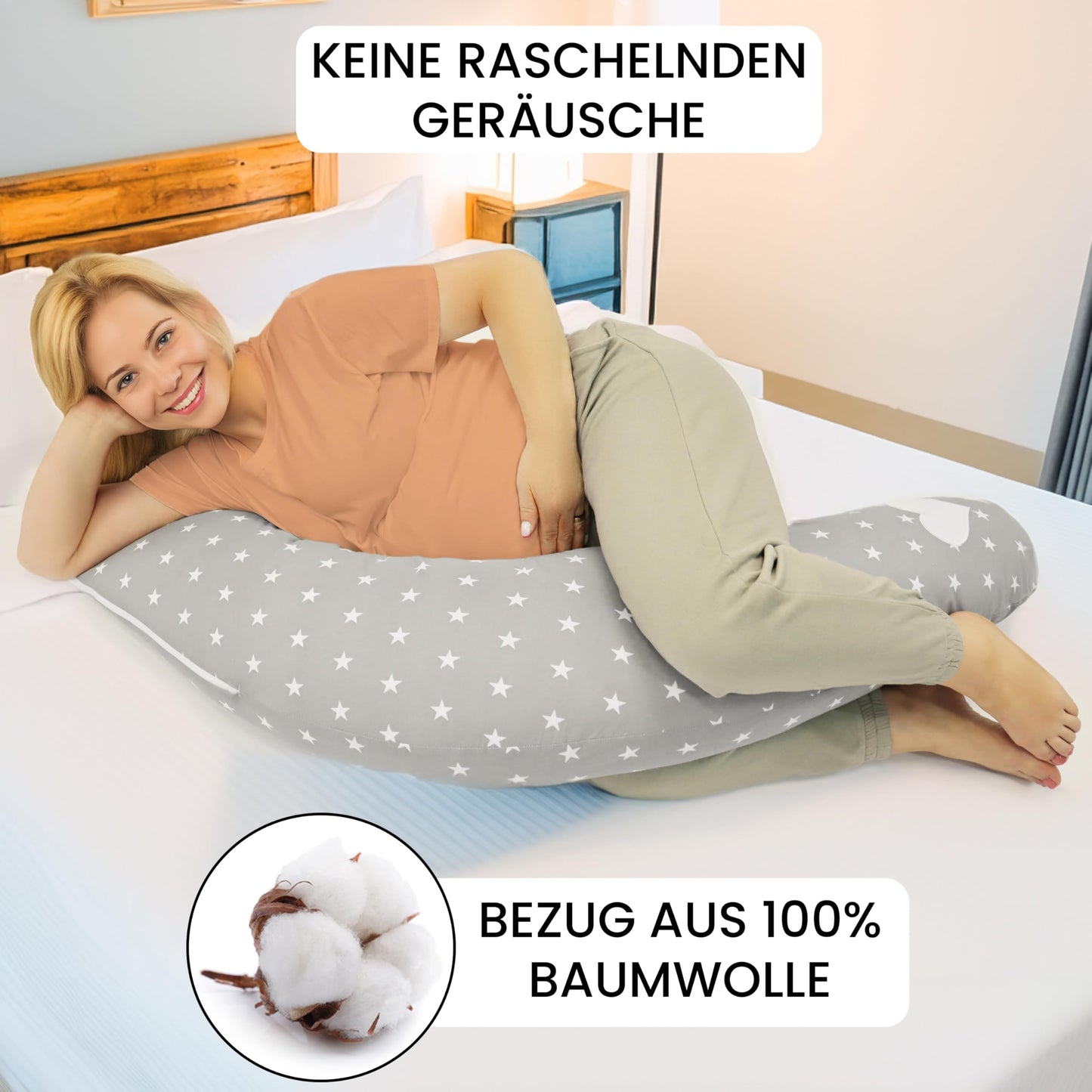 Amilian Nursing Pillow XXL - Pregnancy Pillow & Side Sleeper Pillow Baby - Pregnancy Pillow and Body Pillow - Grey with Stars - Pregnancy Pillow