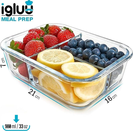 Igluu Meal Prep Glass Food Storage Containers with BPA-free lid (3-pack) - microwave, oven, freezer, dishwasher safe, leak-proof - 980 ml - 3 compartments - durable borosilicate glass.