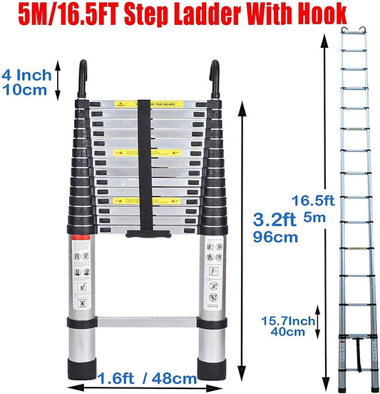 5m telescopic ladder with roof hook kit aluminum, portable, multifunctional, foldable, durable, multipurpose aluminum telescopic ladder, extendable