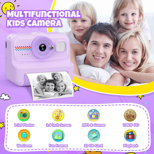 HiMont kids camera instant camera, 1080P instant camera for kids with 32GB card & 3 rolls of print paper, fun kids toy gifts for boys & girls aged 3-12.