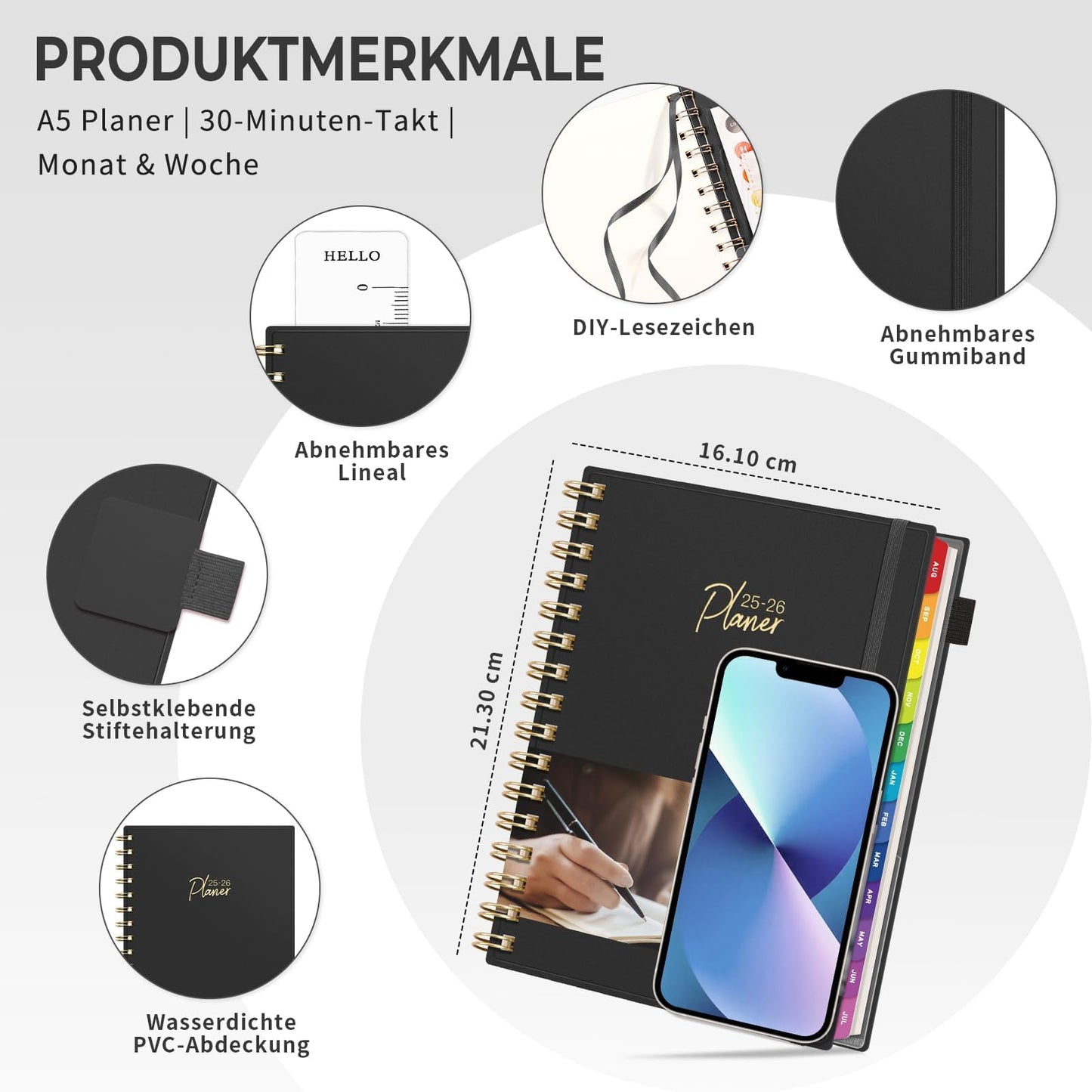 EMSHOI Calendar 2025 2026, Appointment Calendar 2025, Weekly Planner A5 with 30-minute intervals, School Planner Notebook for August 2025 to July 2026 - Black