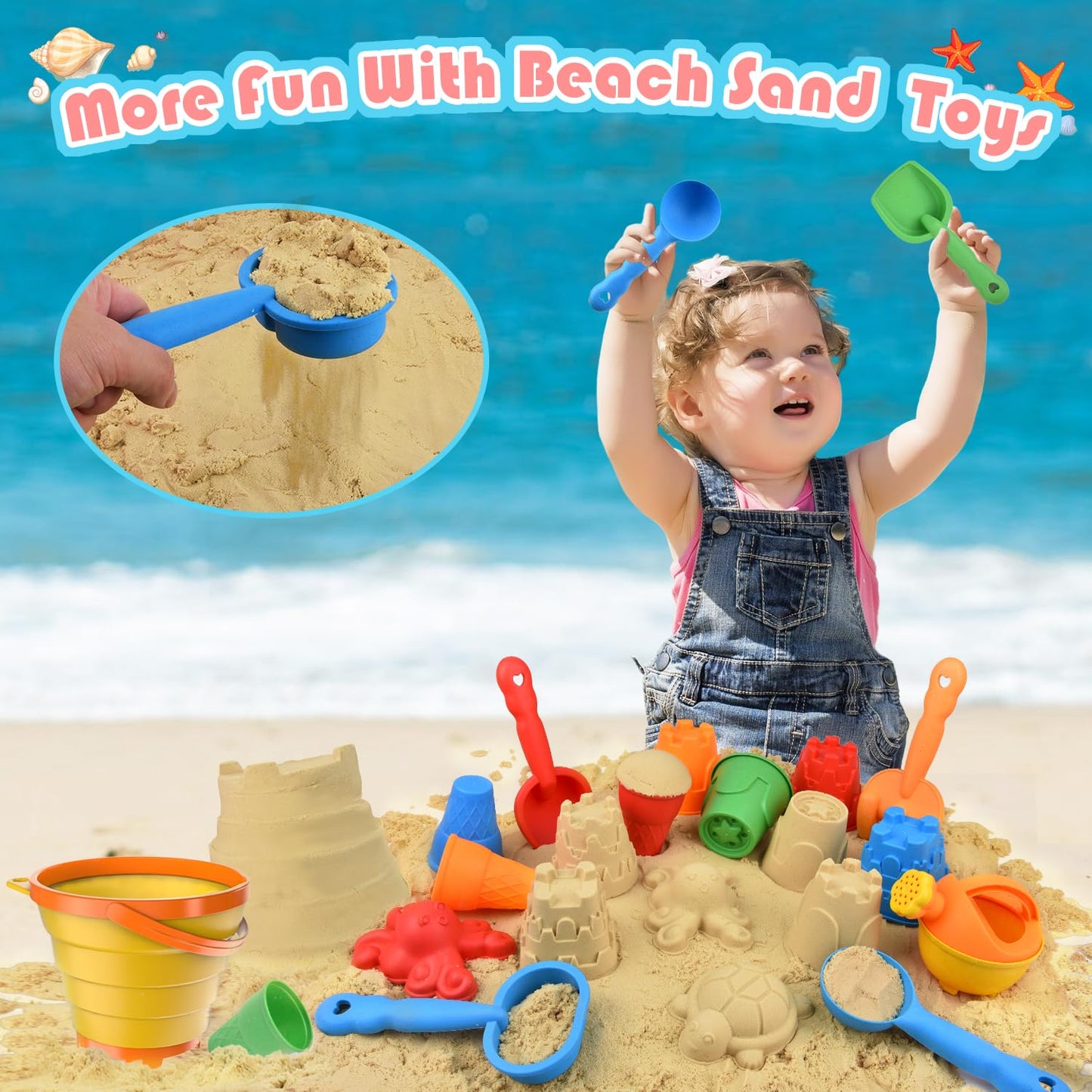 Sotodik 19-Piece Sandbox Toy Set, Travel Sandbox Toy with Folding Bucket for Kids, Sandbox Beach Toys Sand Molds, Outdoor Toys for Boys and Girls Ages 3 4 5 6 7+
