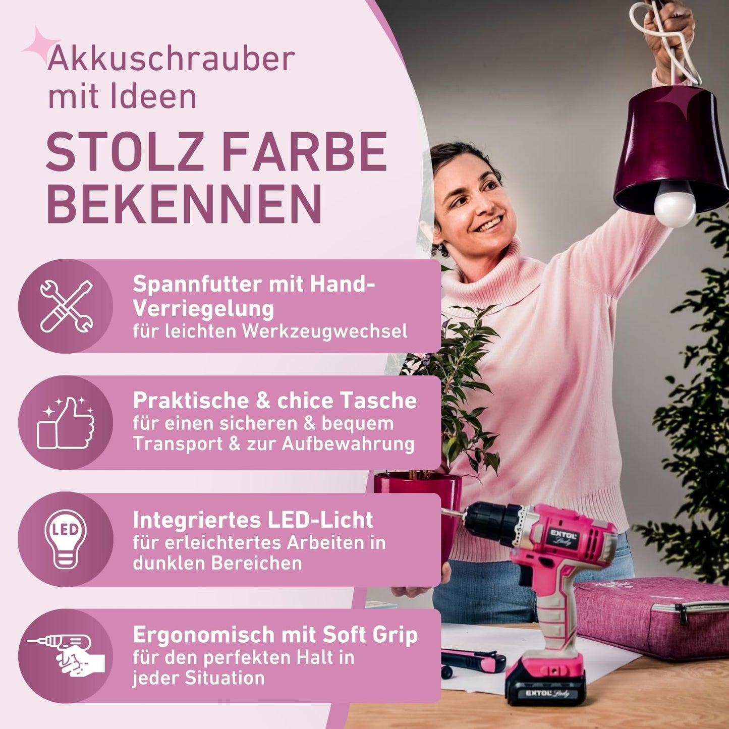 Praise Lady cordless drill for women I 12 Volt cordless screwdriver for women I Drill for wood, metal & plastic I Cordless drill with 12-piece bit & drill set + bag I Tool set Pink