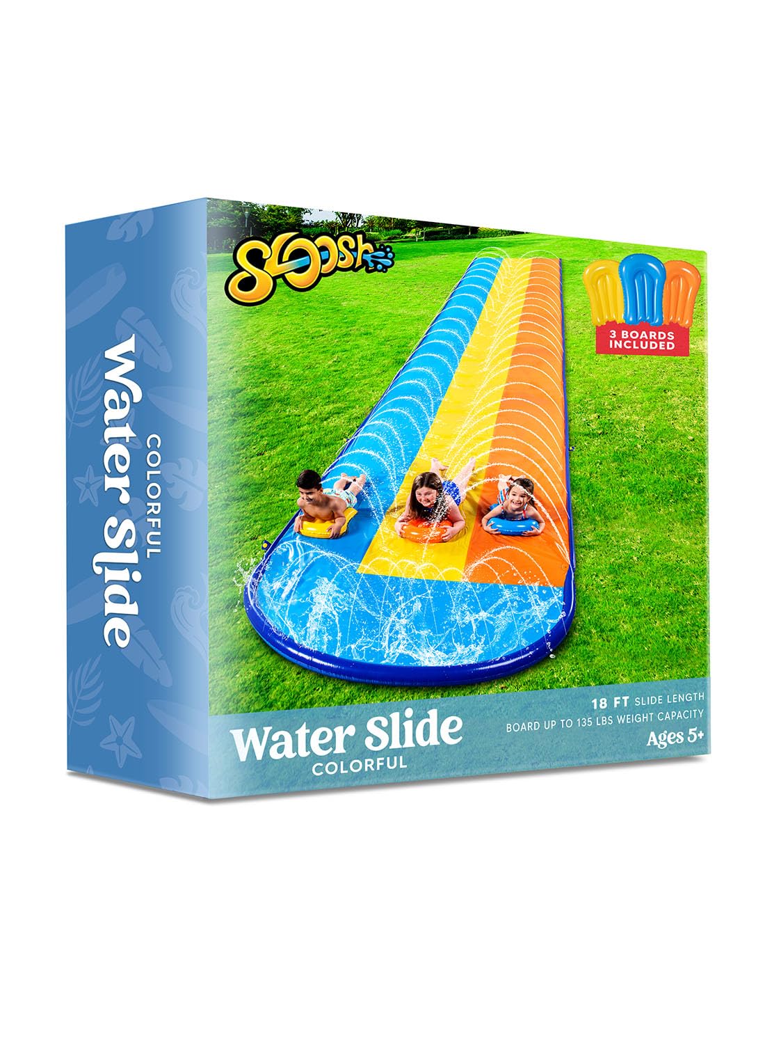 Sloosh 18ft/548cm Triple Lane Slide with 3 Bodyboards, Lawn Water Slide with Sprinkler for Kids and Adults, Outdoor Water Toy for Summer Fun.