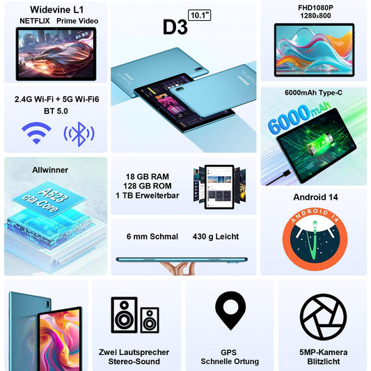 DMOAO 10 inch Android 14 tablet with 5G WIFI, 6GB RAM + 128GB ROM (TF 1TB), Widevine L1, Octa-Core, BT 5.0, Face ID, FHD 1280 * 800 IPS display, 6000 mAh battery, 2 in 1 tablet with keyboard + mouse, Blue.