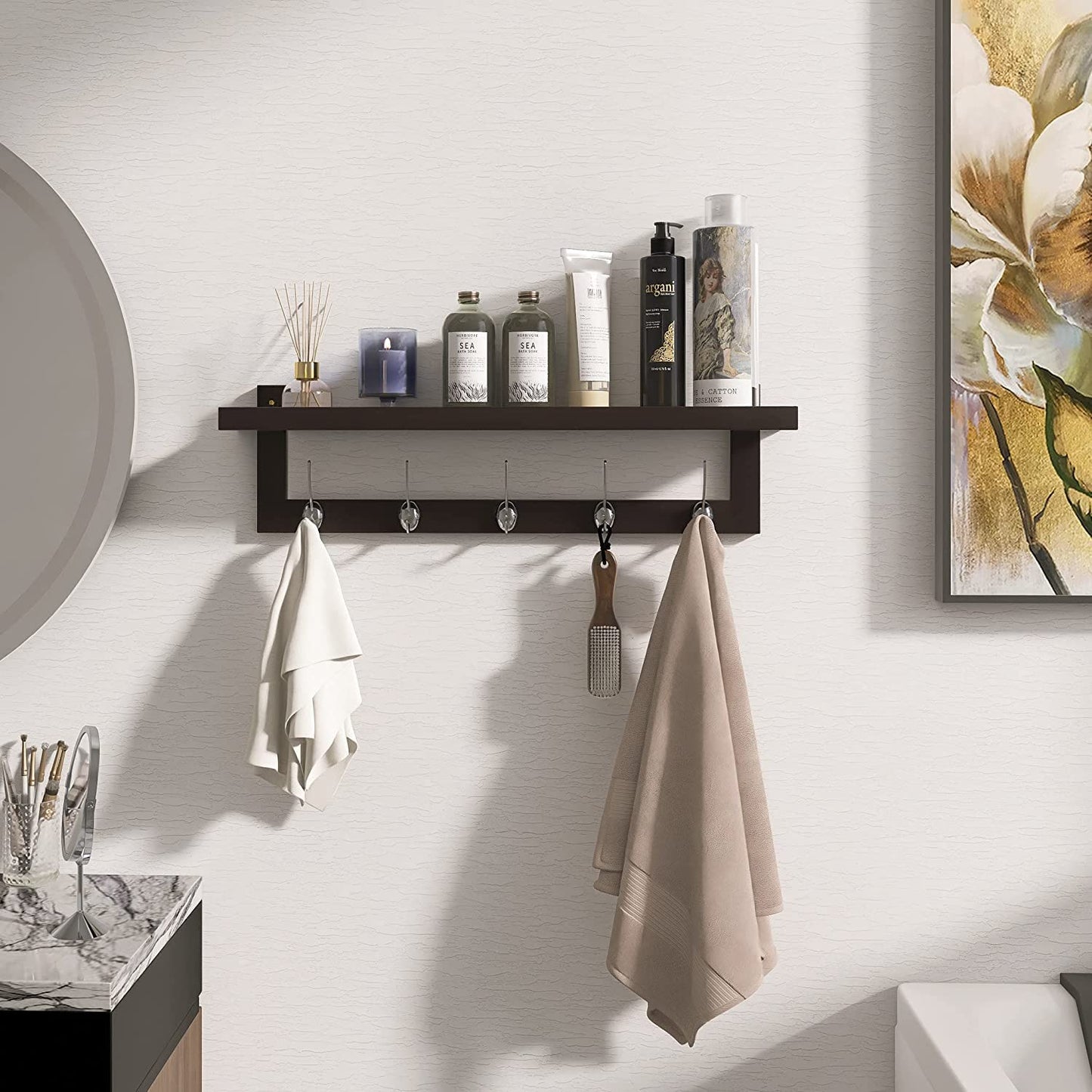 SMIBUY Coat Rack with Shelf Wall Mounted, 74 cm Entryway Organizer for Wall, Bamboo Hanging Shelf with 5 Double Metal Hooks for Bathroom, Bedroom, Kitchen (Dark Brown)