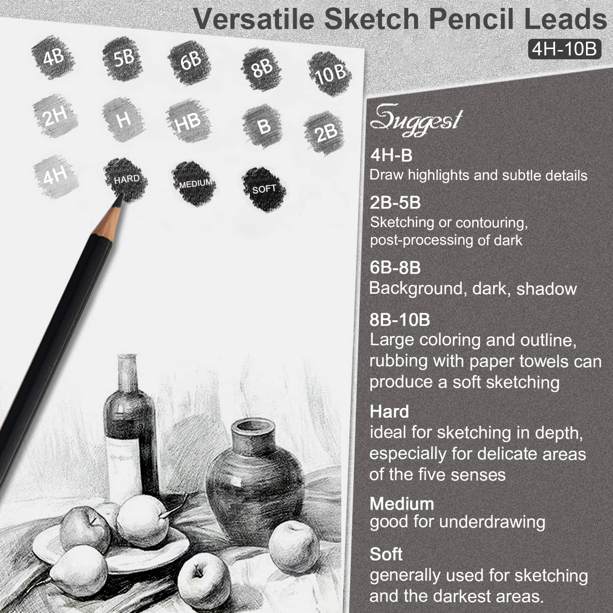 Surcotto Pencil Set, 21 pencils with 1 sharpener, 2 erasers, 1 extender, 3 paper stumps. Professional drawing set for beginners, metal case, range from 10B to 4H, total of 30 pieces.