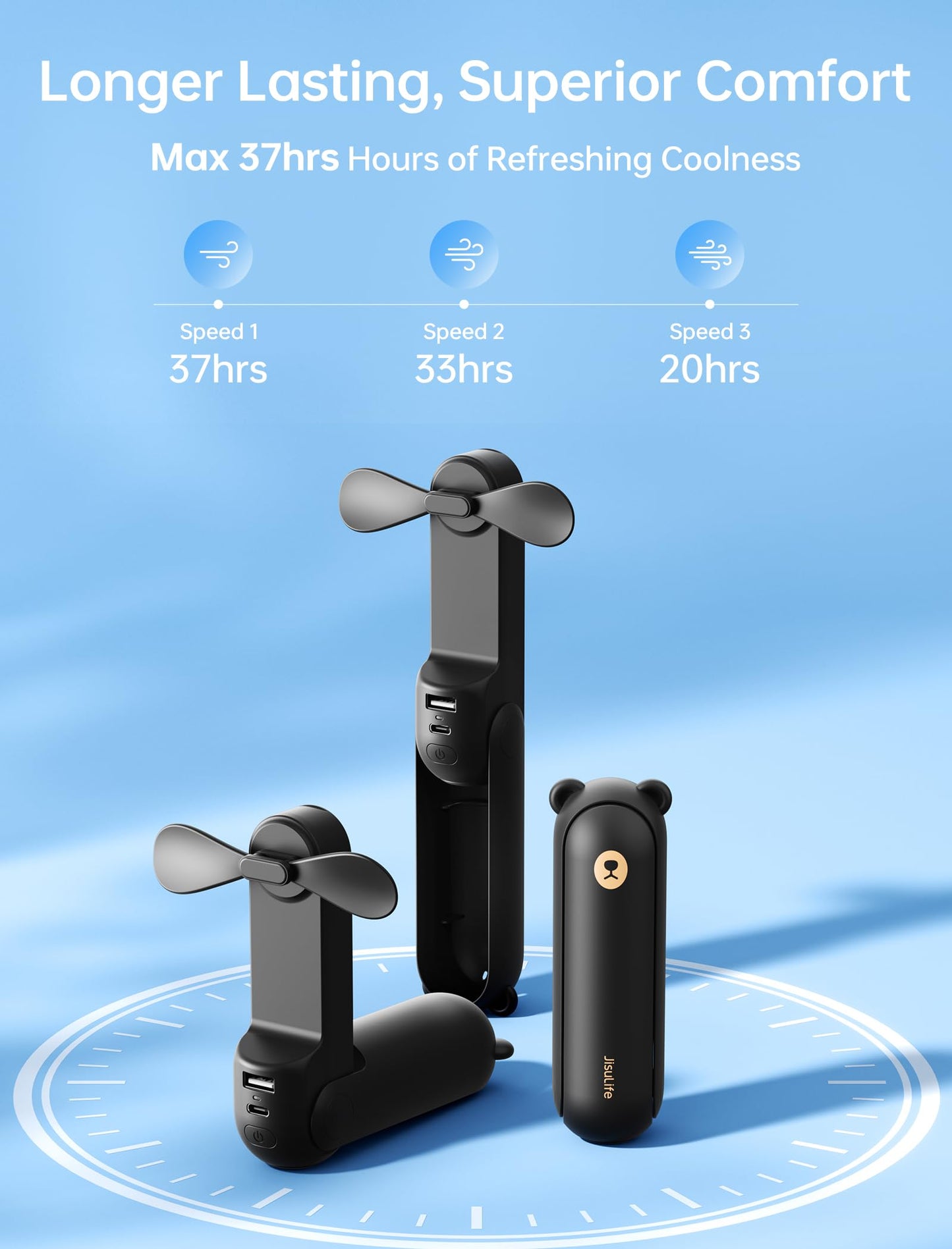 JISULIFE handheld fan Mini fan 3 in 1, with 4500 mAh power bank USB battery small, battery operated max 37 hrs runtime portable fan, flashlight function-black